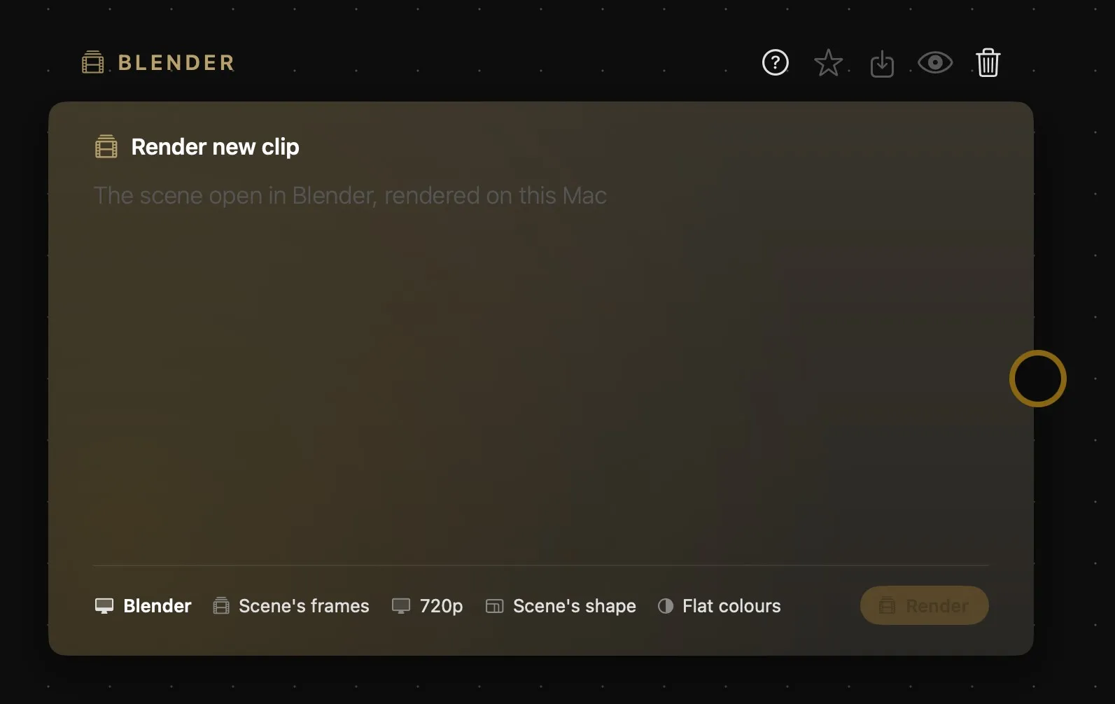 The Blender card when new: “Render new clip”, “The scene open in Blender, rendered on this Mac”, the Blender, Scene’s frames, 720p, Scene’s shape and Flat colours chips at the foot, and the Render button