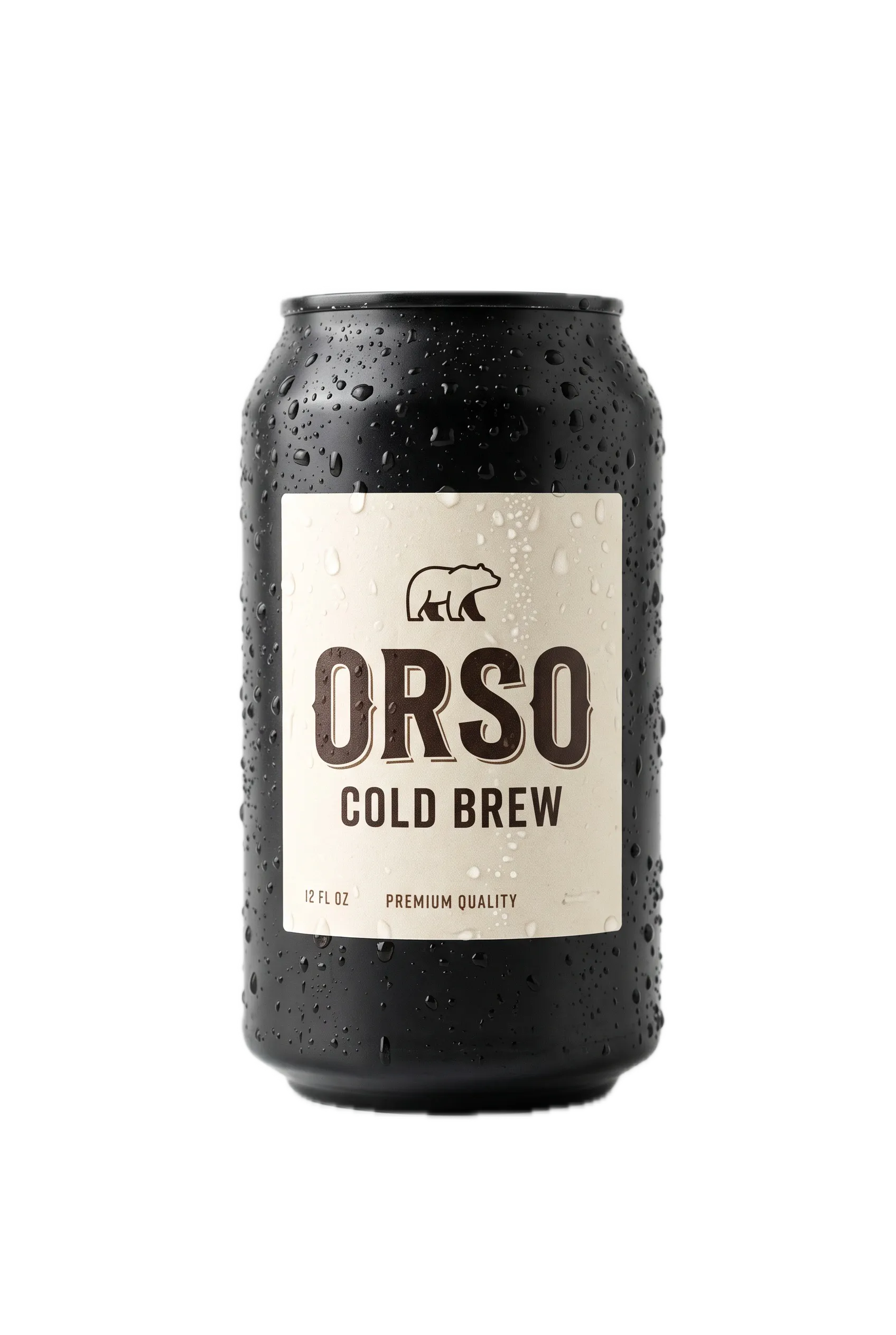 A matte black ORSO Cold Brew can with a cream label and condensation droplets, cut out on a transparent background.