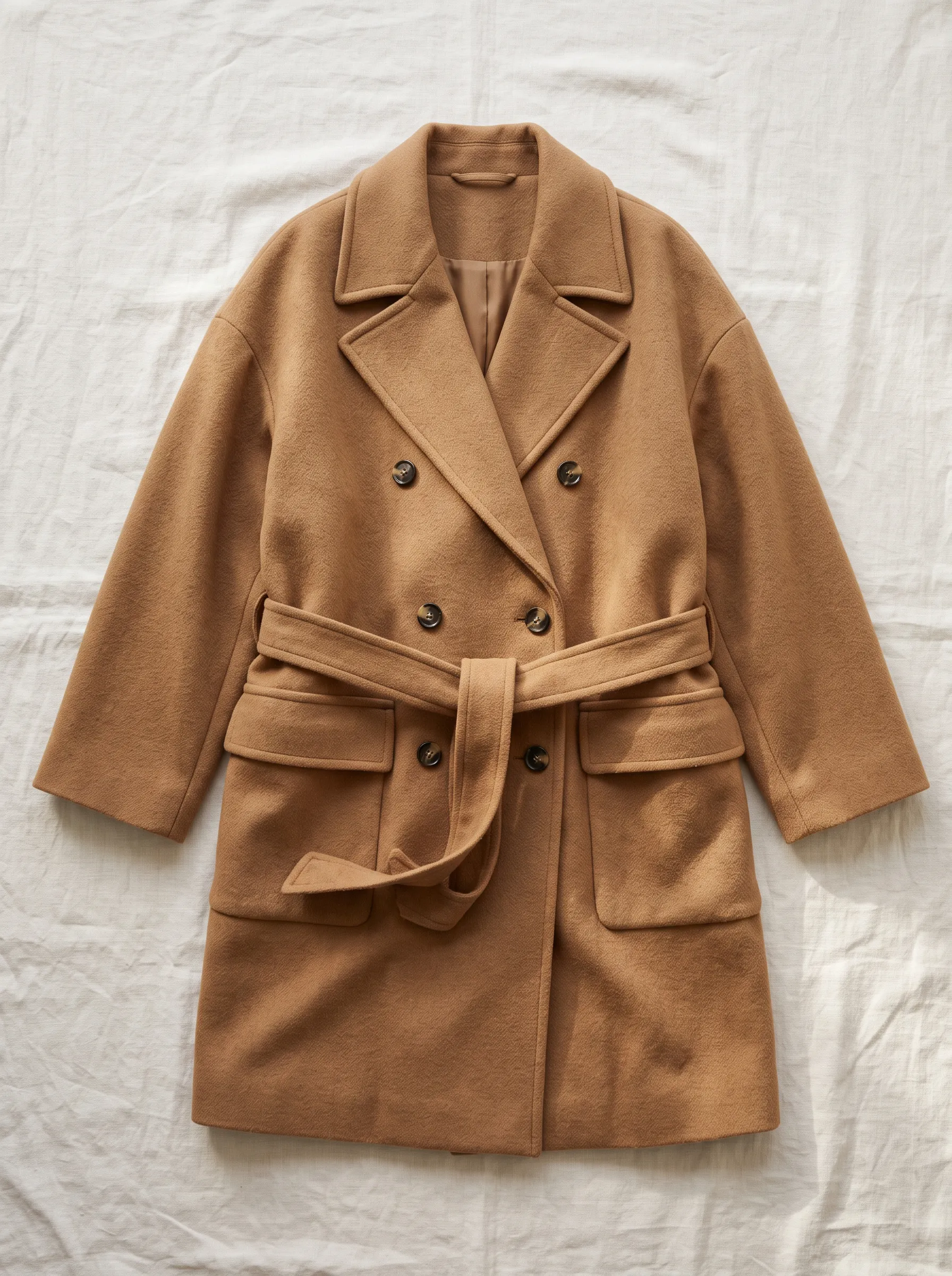 A double-breasted camel wool coat laid flat on off-white linen, seen from above.