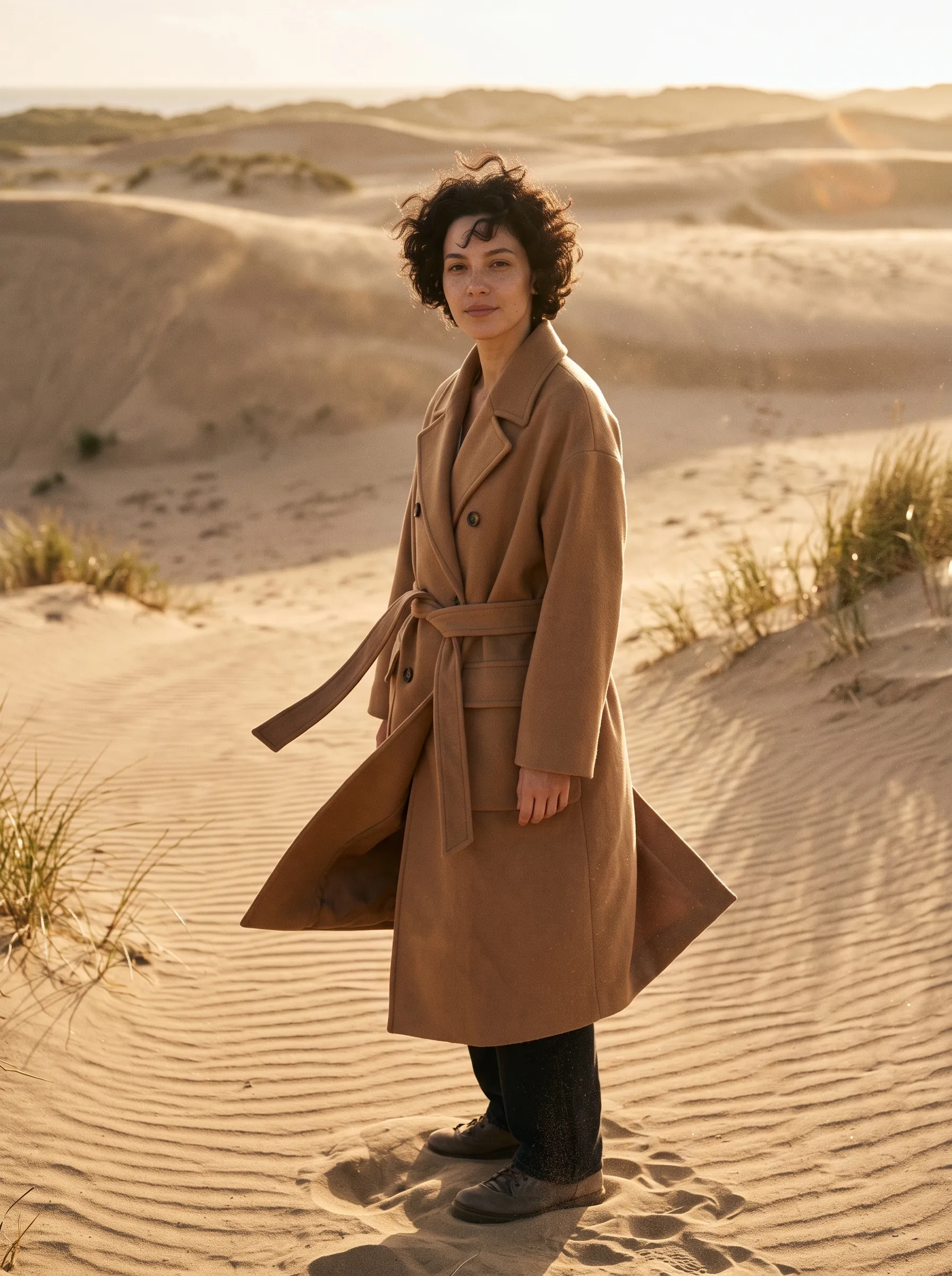 The model in the camel coat standing in windswept sand dunes at golden hour.