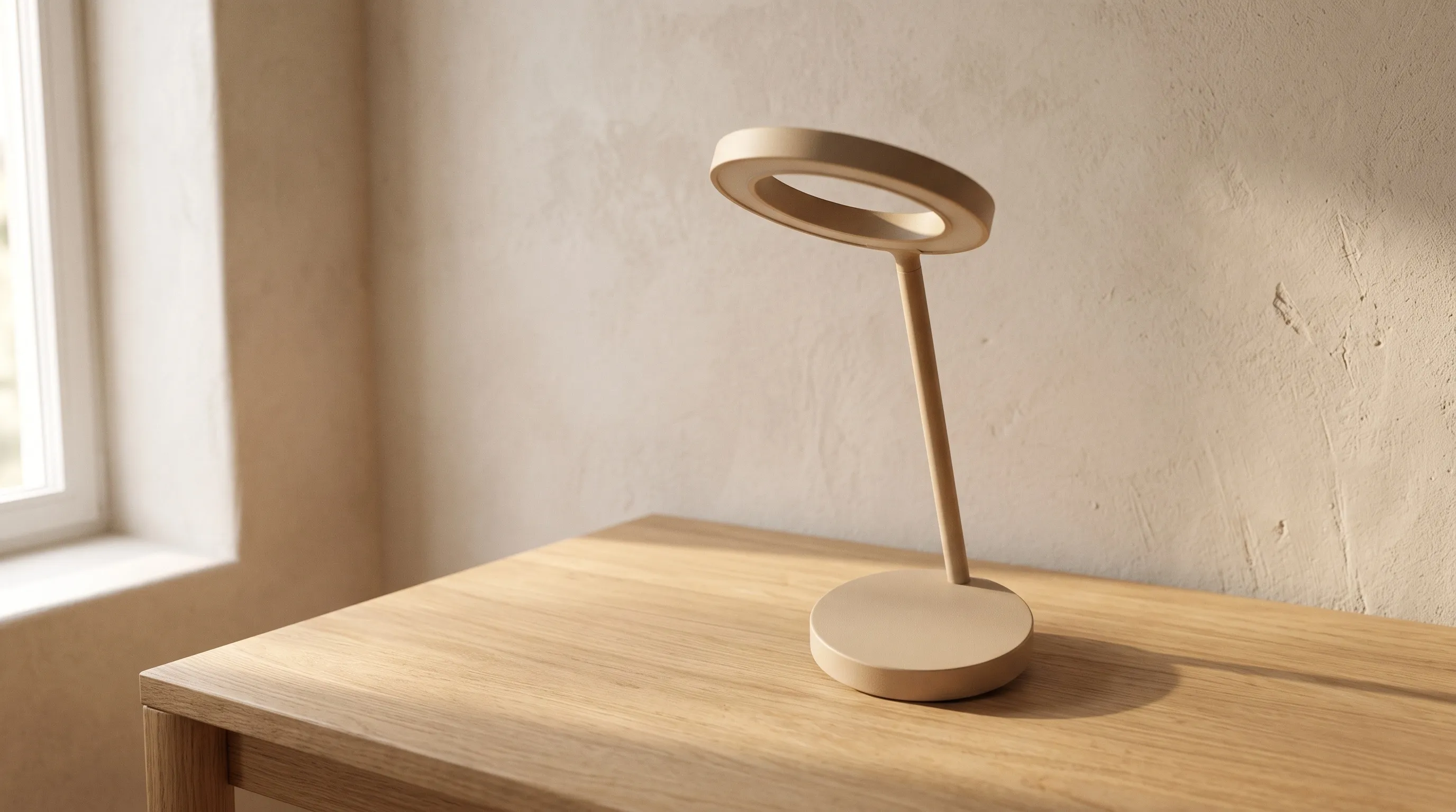 The Halo lamp in the same pose on a light oak desk against a warm plaster wall, soft morning light.