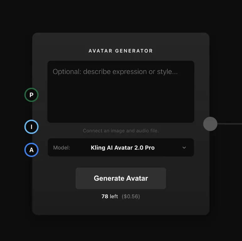 The Avatar Generator node with its three input handles and an image and audio node connected