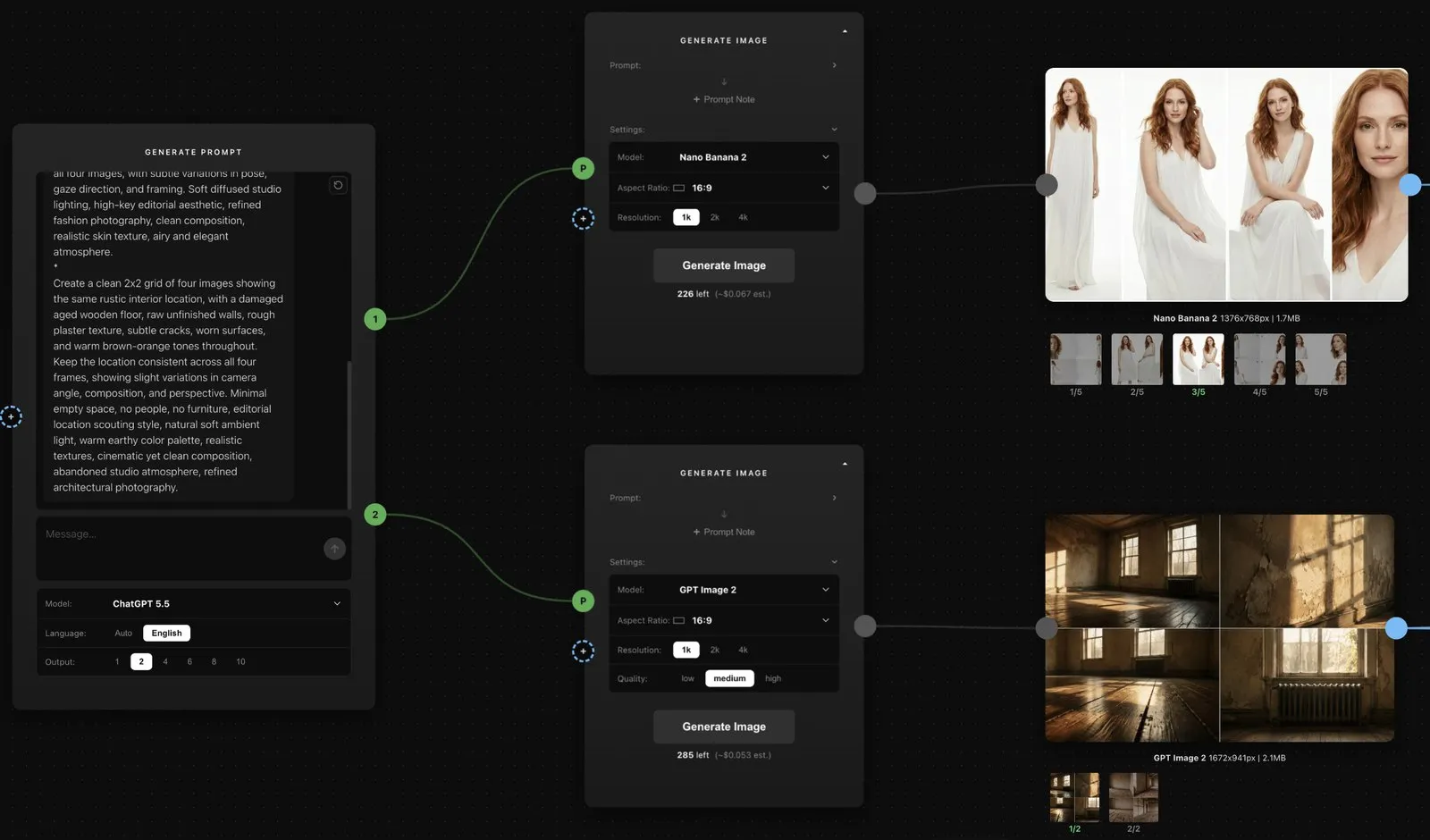 A Prompt Generator wired into a Generate Image node, which feeds a grid of generated results
