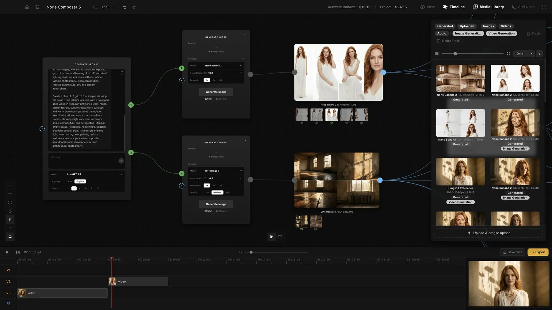 The Node Composer editor: toolbar on top, node graph on the canvas, Media Library panel docked right, Timeline along the bottom