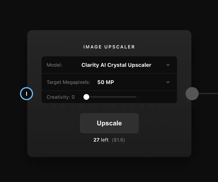 The Image Upscaler node with an image connected, showing Target Megapixels and the Creativity slider