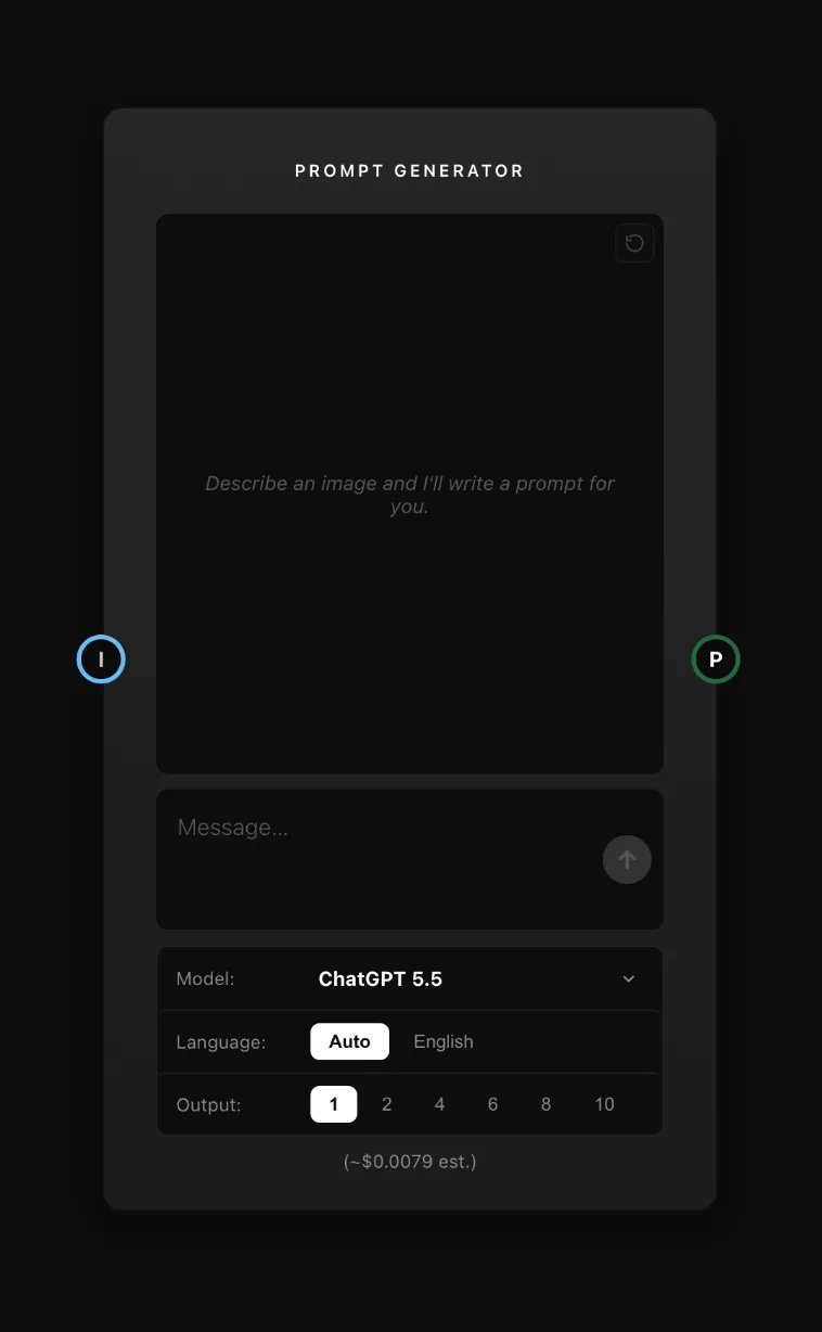 The Prompt Generator node: a conversation, a chat box, and Model, Language and Output controls, with two numbered output handles