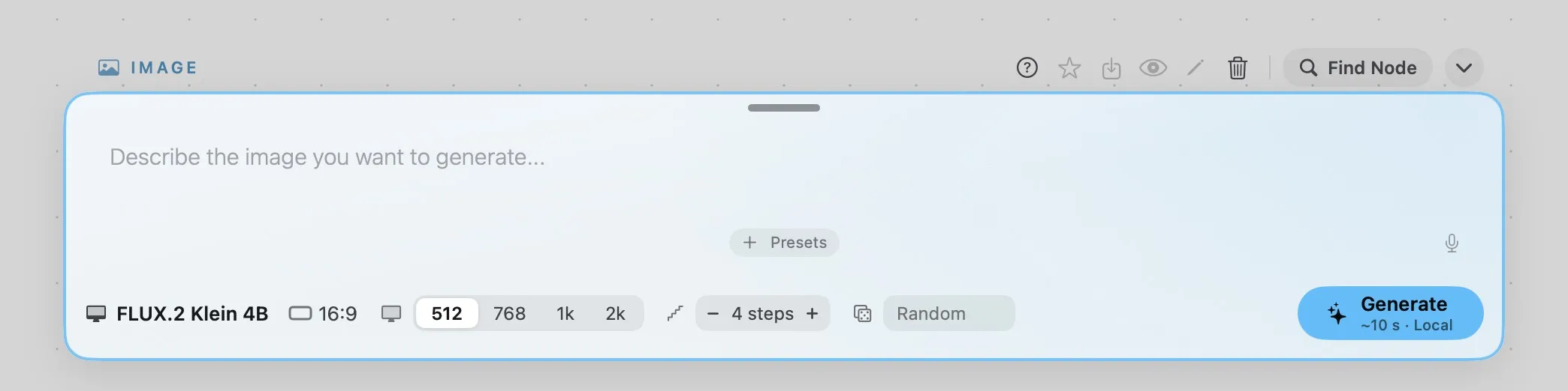 The Prompt bar open on an Image card, with FLUX.2 Klein 4B, its resolutions side by side, 4 steps, a random seed and Generate estimating about ten seconds on this Mac