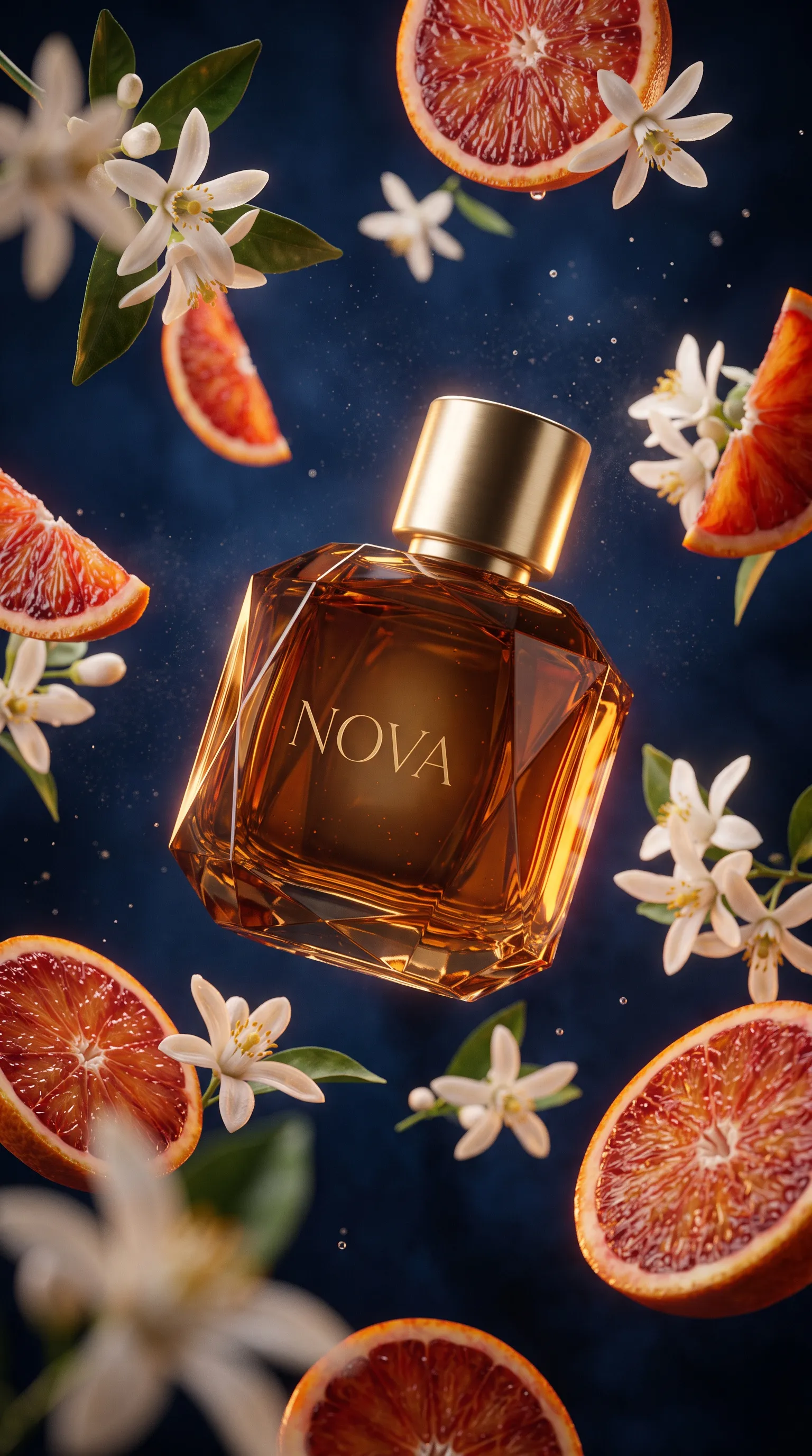 The bottle floating among orange blossoms and blood orange slices on night blue.