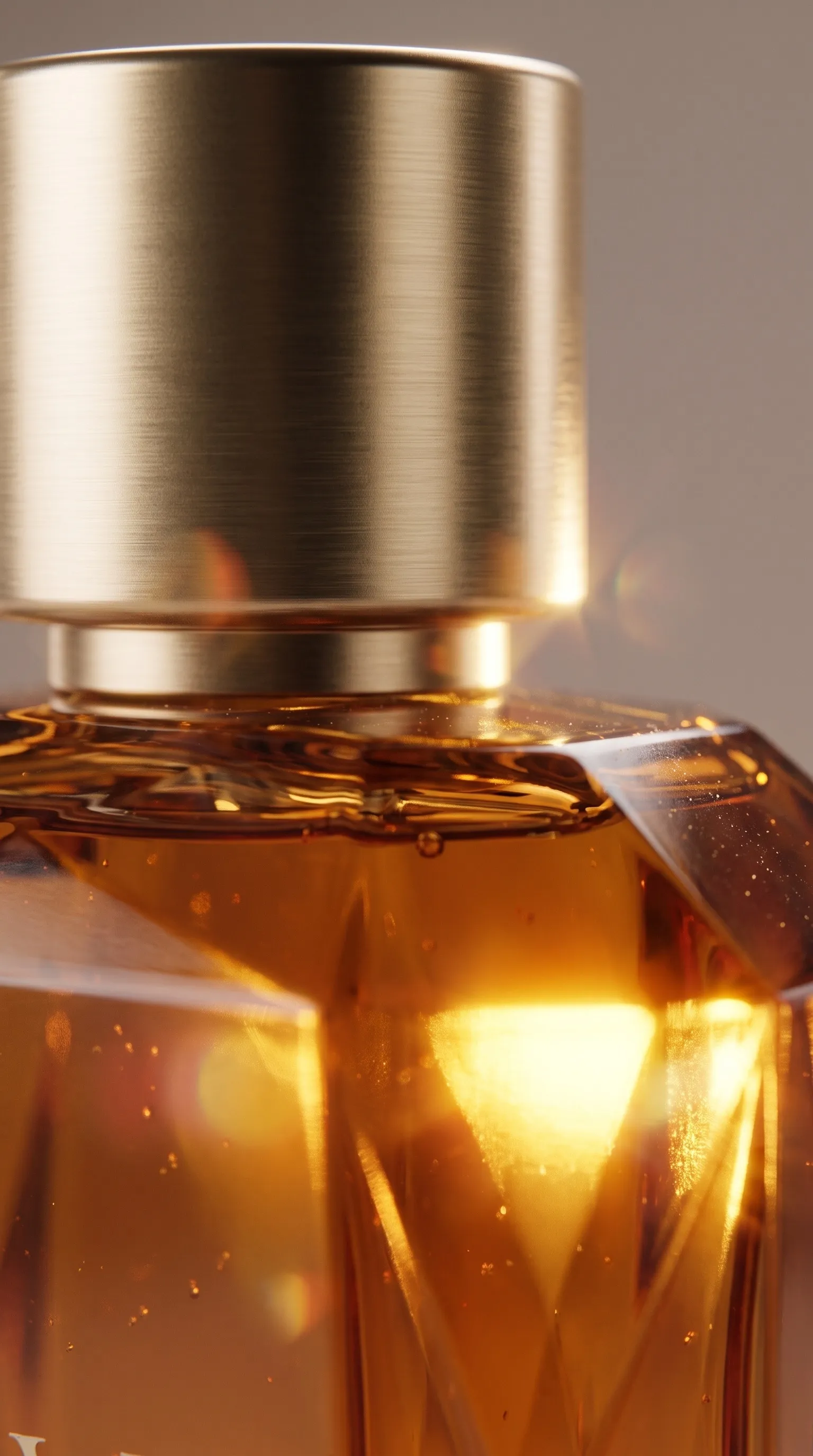 An extreme macro of the gold cap and amber glass shoulder, light flaring through.