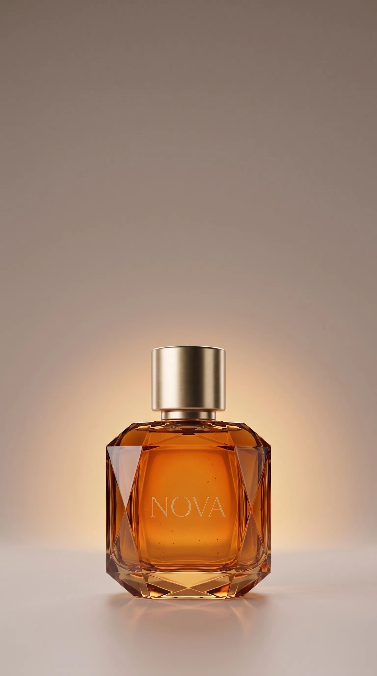 The bottle centred low on warm grey with an amber glow and empty space above.