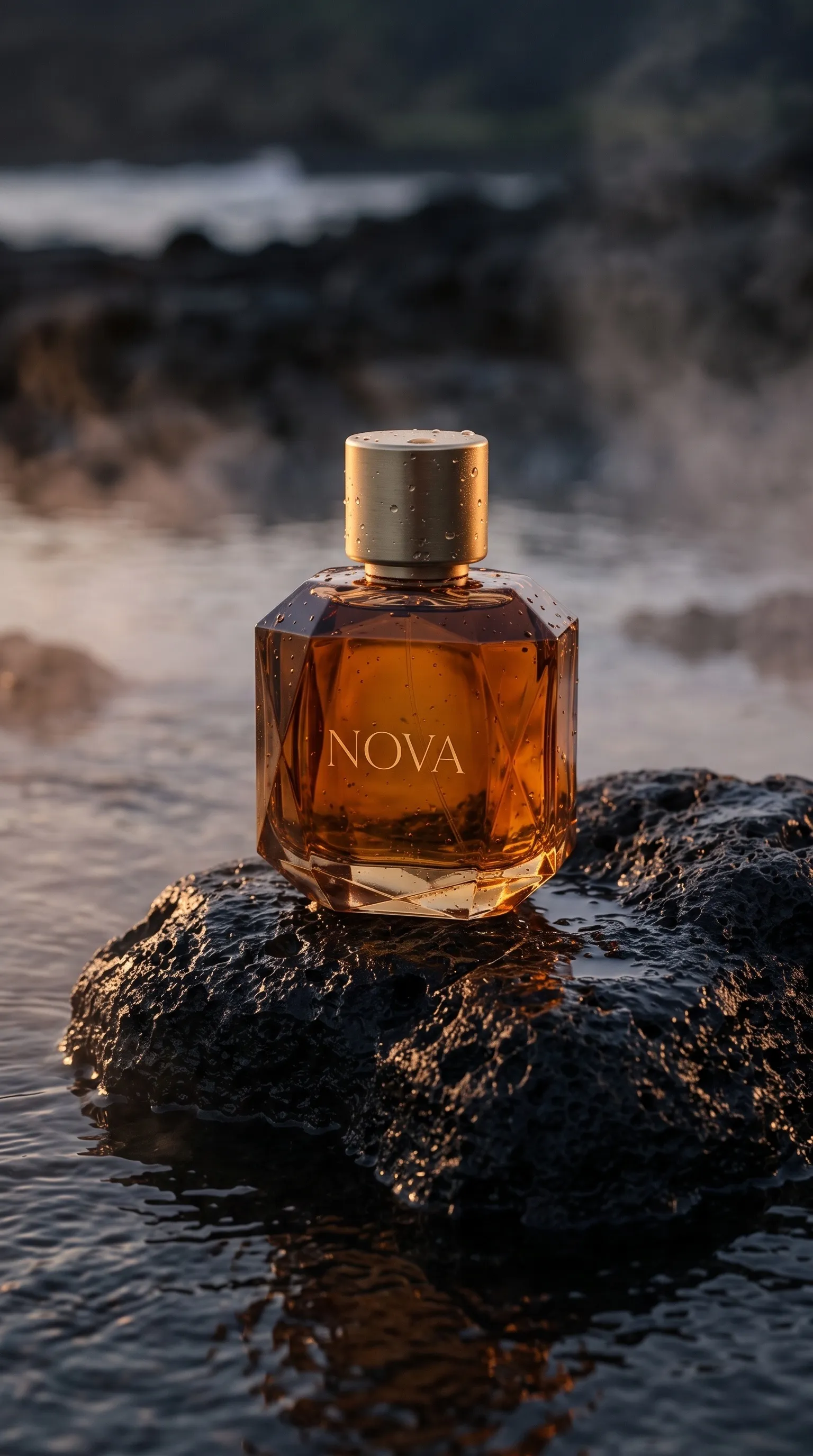 The NOVA bottle on black volcanic rock in shallow water at dusk, mist around it.