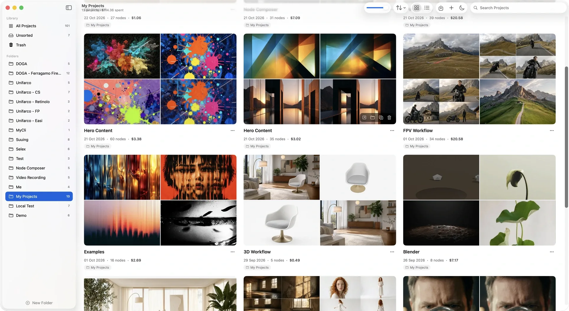 Node Composer project library in light mode, showing locally saved creative projects