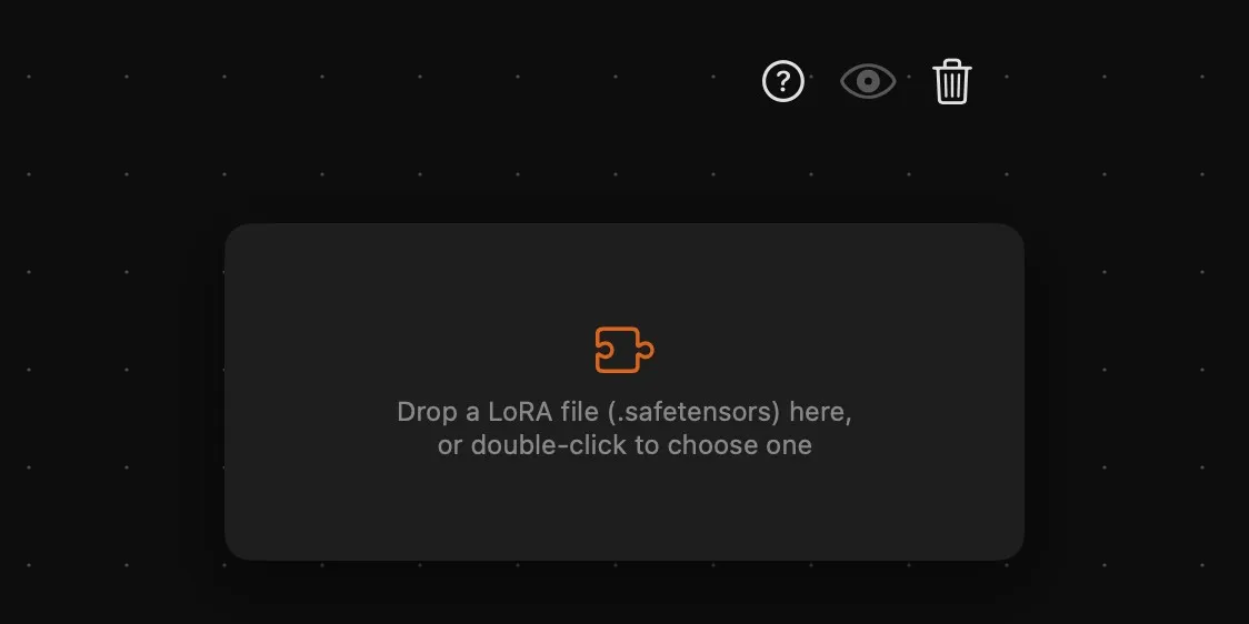 An empty LoRA card reading “Drop a LoRA file (.safetensors) here, or double-click to choose one”