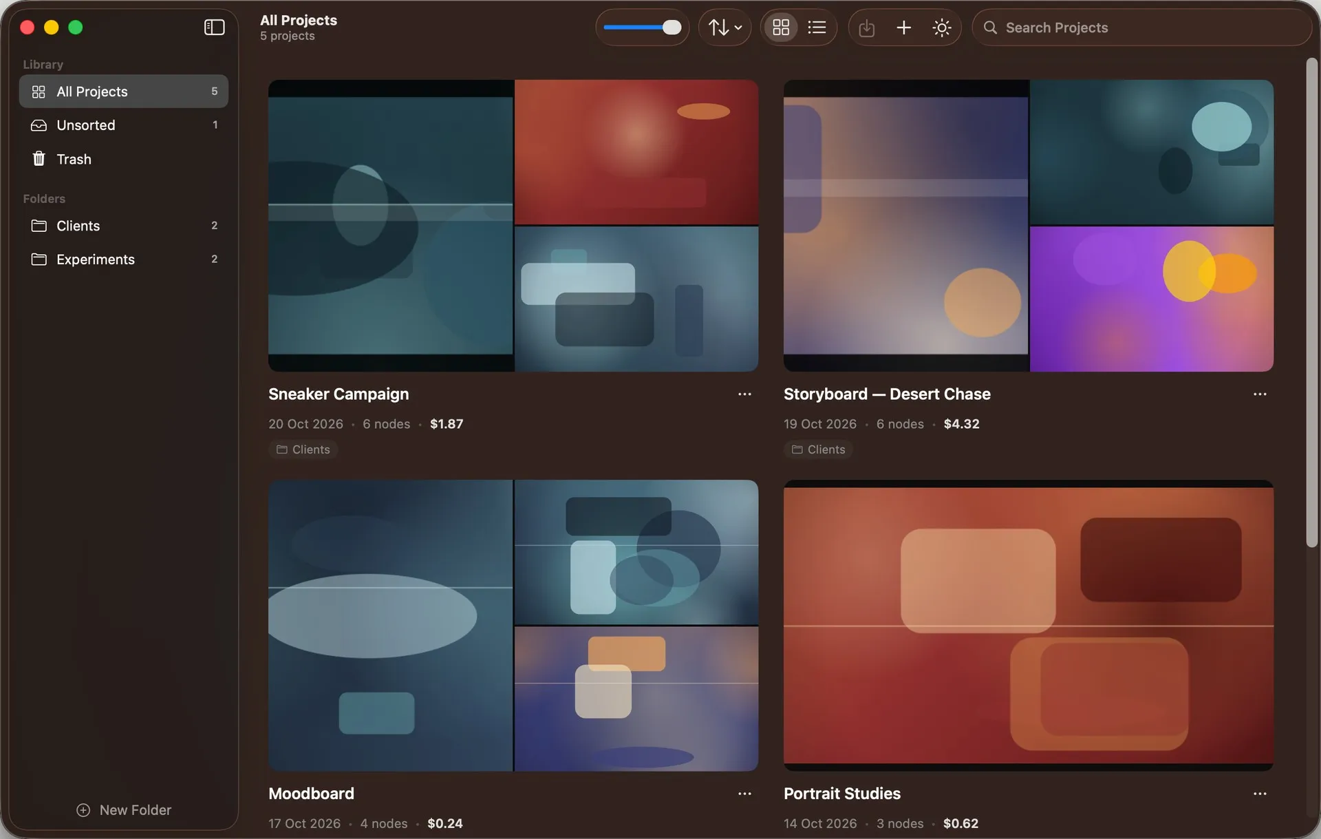 The Project Library: All Projects, Unsorted, Trash and the Clients and Experiments folders in the sidebar, and four projects shown as cards with their pictures, date, number of nodes and cost