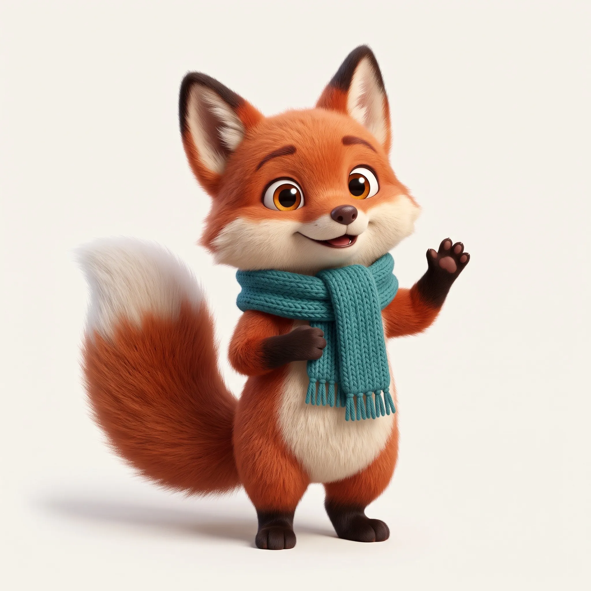 Pip, a small red fox with amber eyes and a teal knitted scarf, standing and waving on an off-white background.