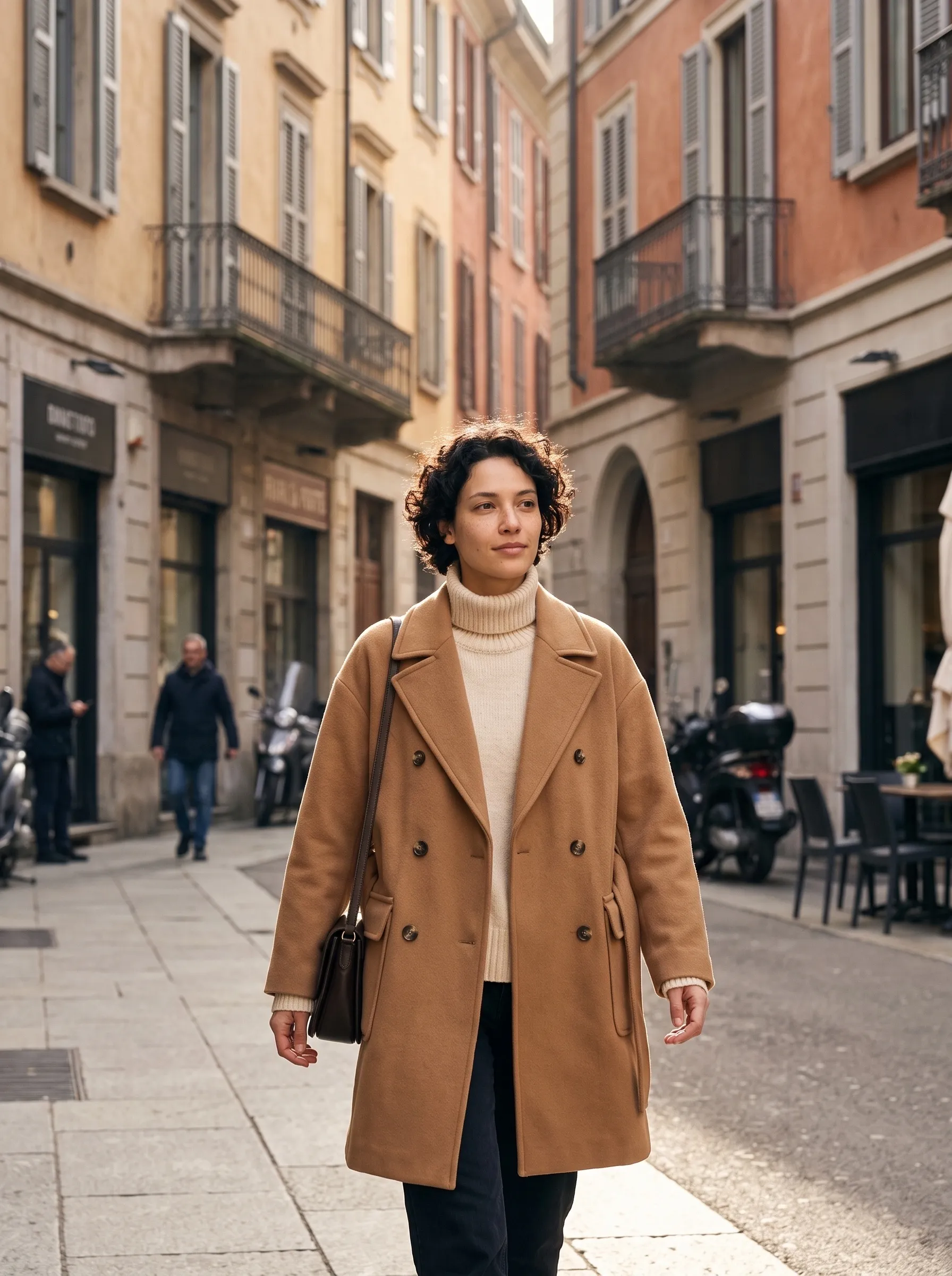 The model in the camel coat walking down a Milan street of ochre facades in morning sun.