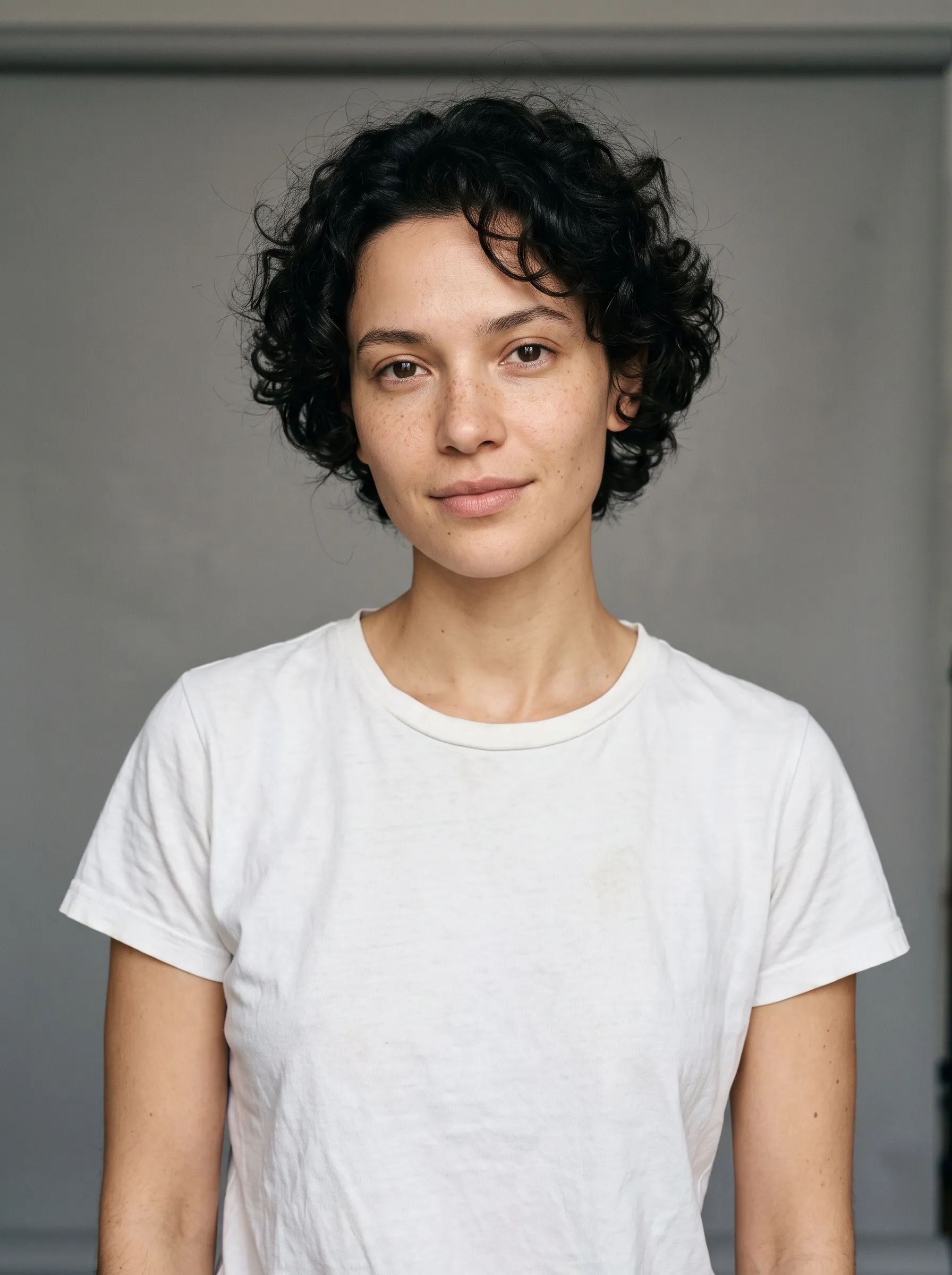Casting photo of a woman with short dark curly hair and freckles in a white t-shirt, grey background.