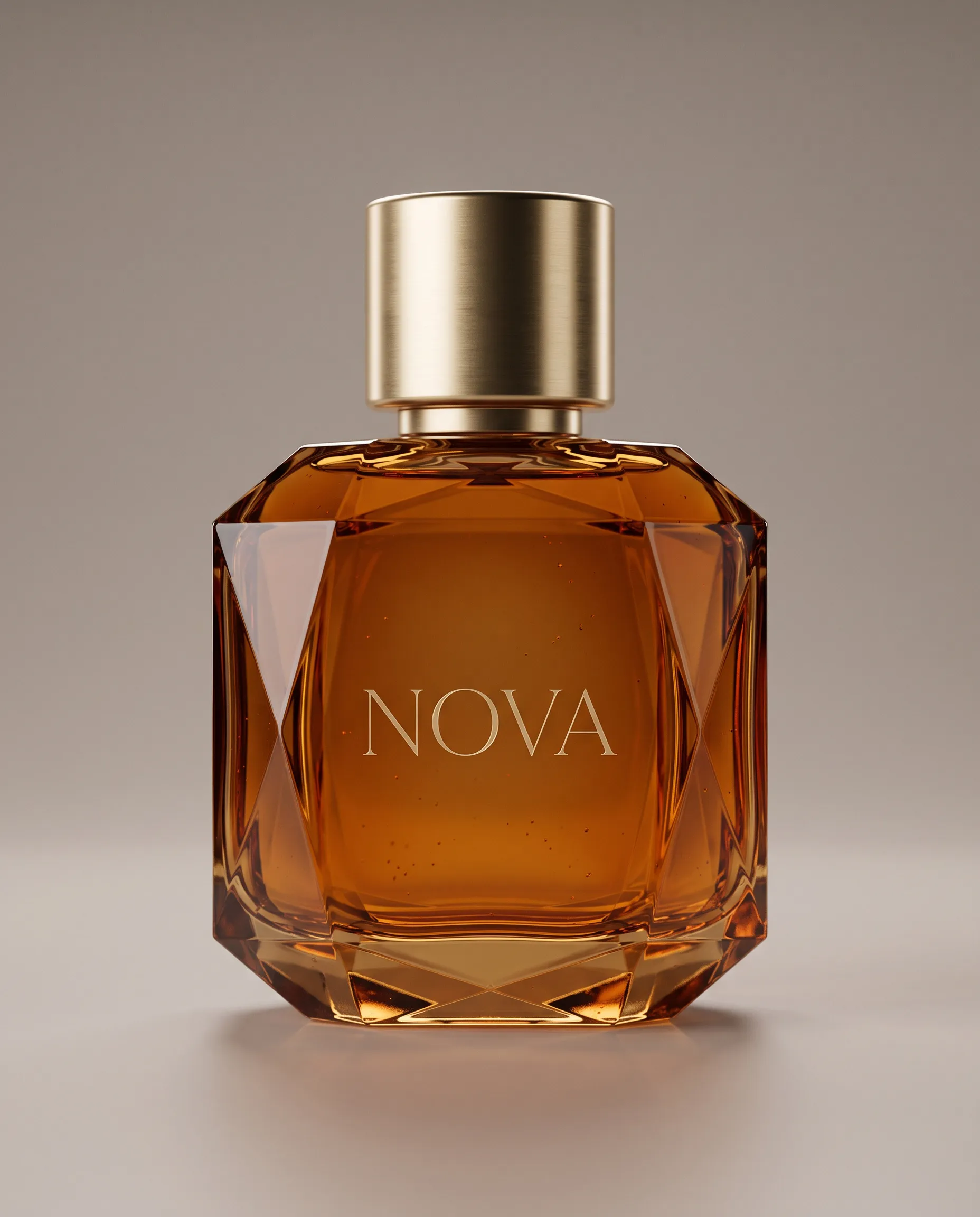An amber faceted perfume bottle with a brushed-gold cap, NOVA engraved on the glass, on a warm-grey backdrop.