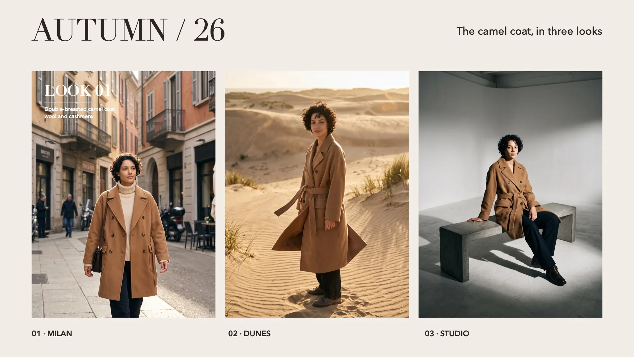 A lookbook page titled AUTUMN / 26 with the camel coat in three looks: Milan, the dunes and the studio.