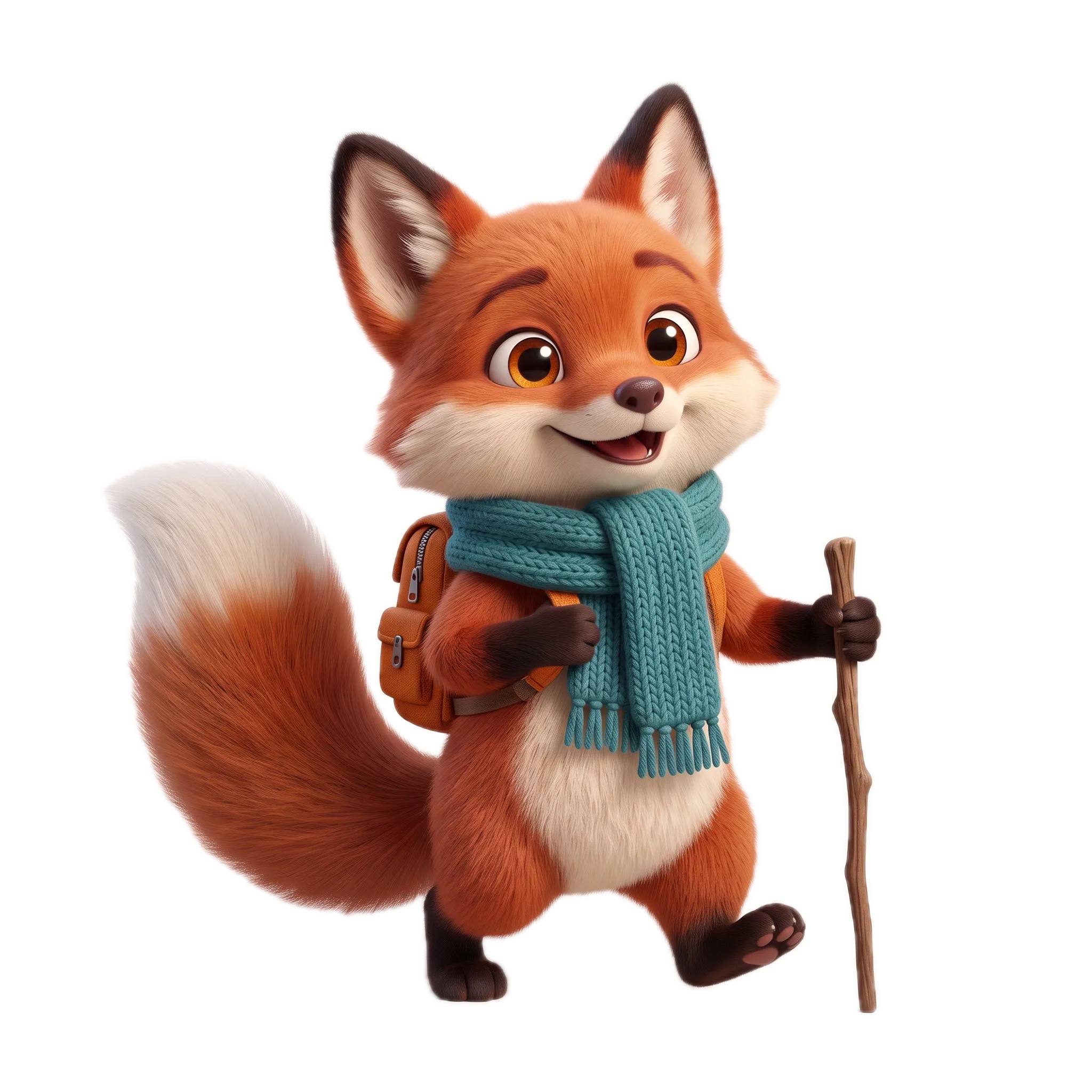 Pip hiking with a tiny orange backpack and a walking stick, cut out.