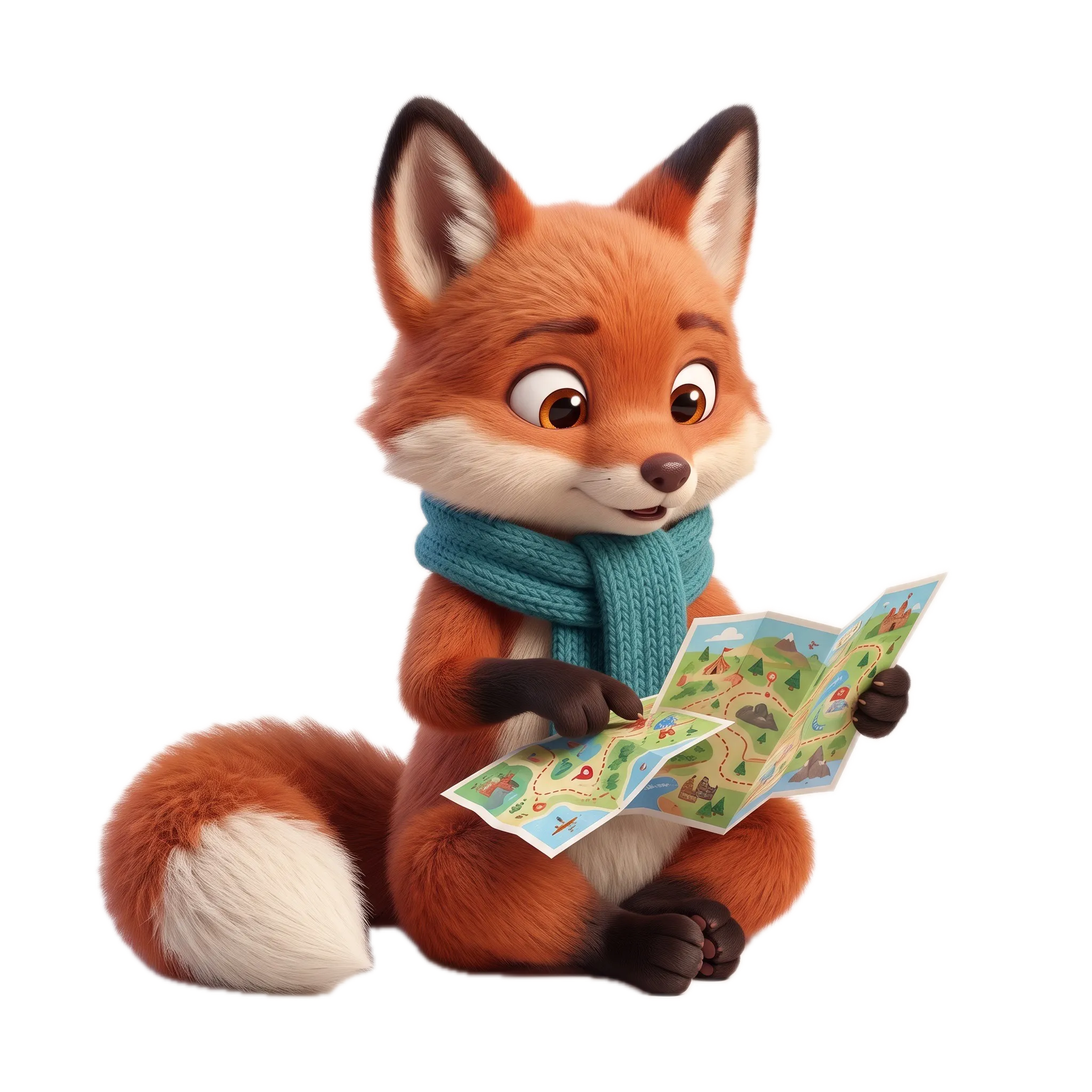 Pip sitting cross-legged reading a trail map, cut out.