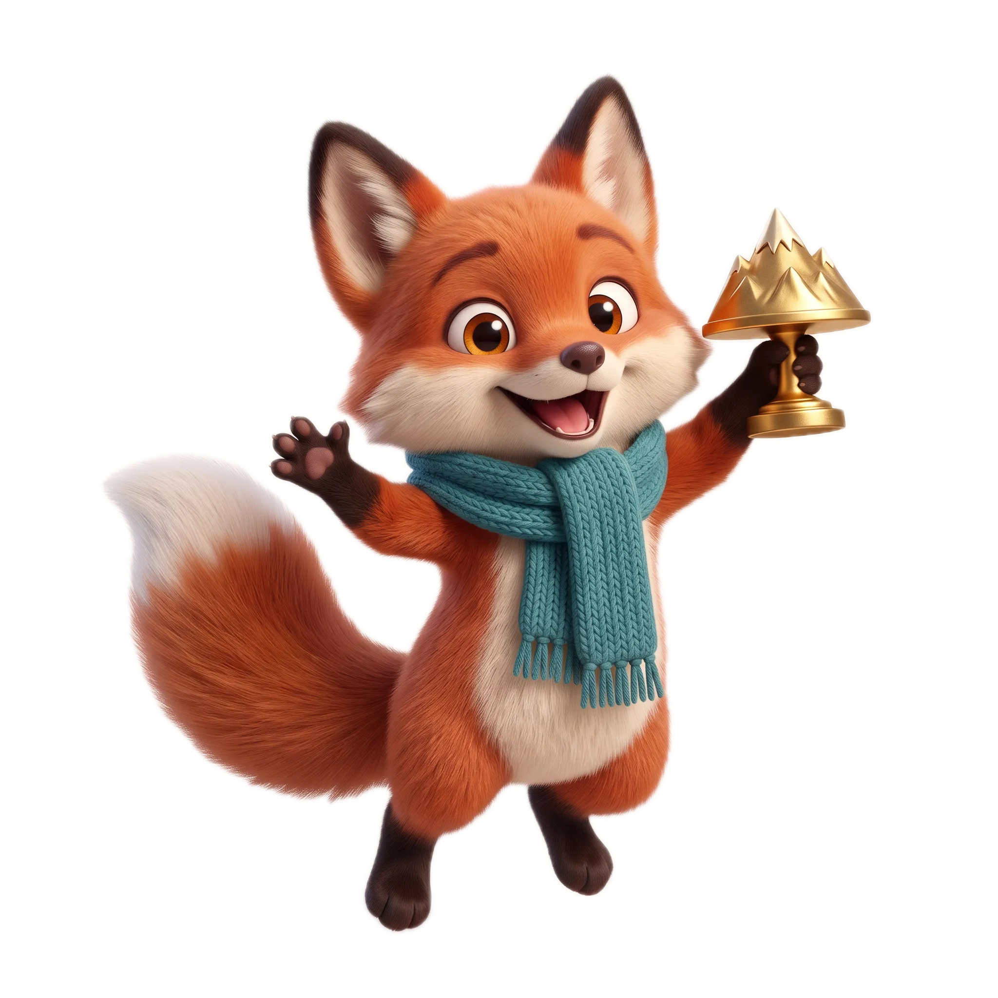 Pip jumping with a small golden mountain trophy, cut out.