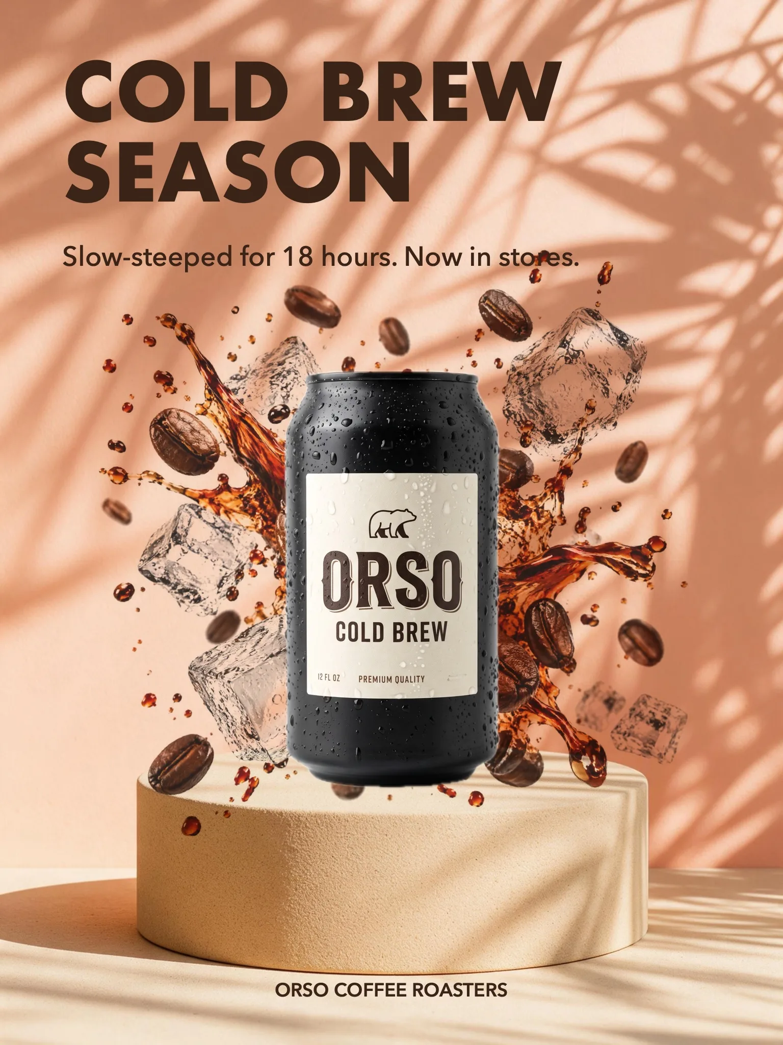 The ORSO Cold Brew launch post: a black can on a sand plinth against a peach wall with palm shadows, coffee and ice bursting around it.