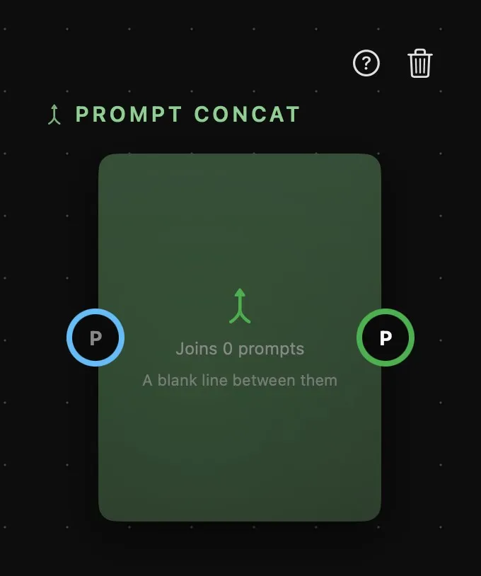 The Prompt Concat card: a narrow green card reading “Joins 0 prompts” and “A blank line between them”, with a P ring on each side