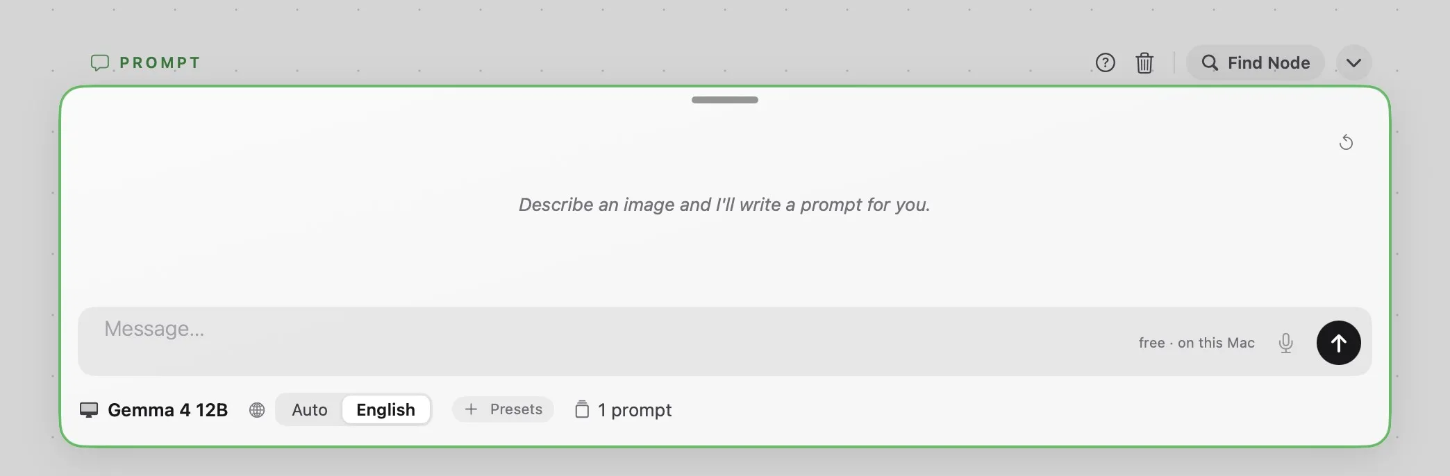 The Prompt bar open on a Prompt card: the conversation on top, the message field with the microphone and the send button, and the model, language, presets and number of prompts underneath