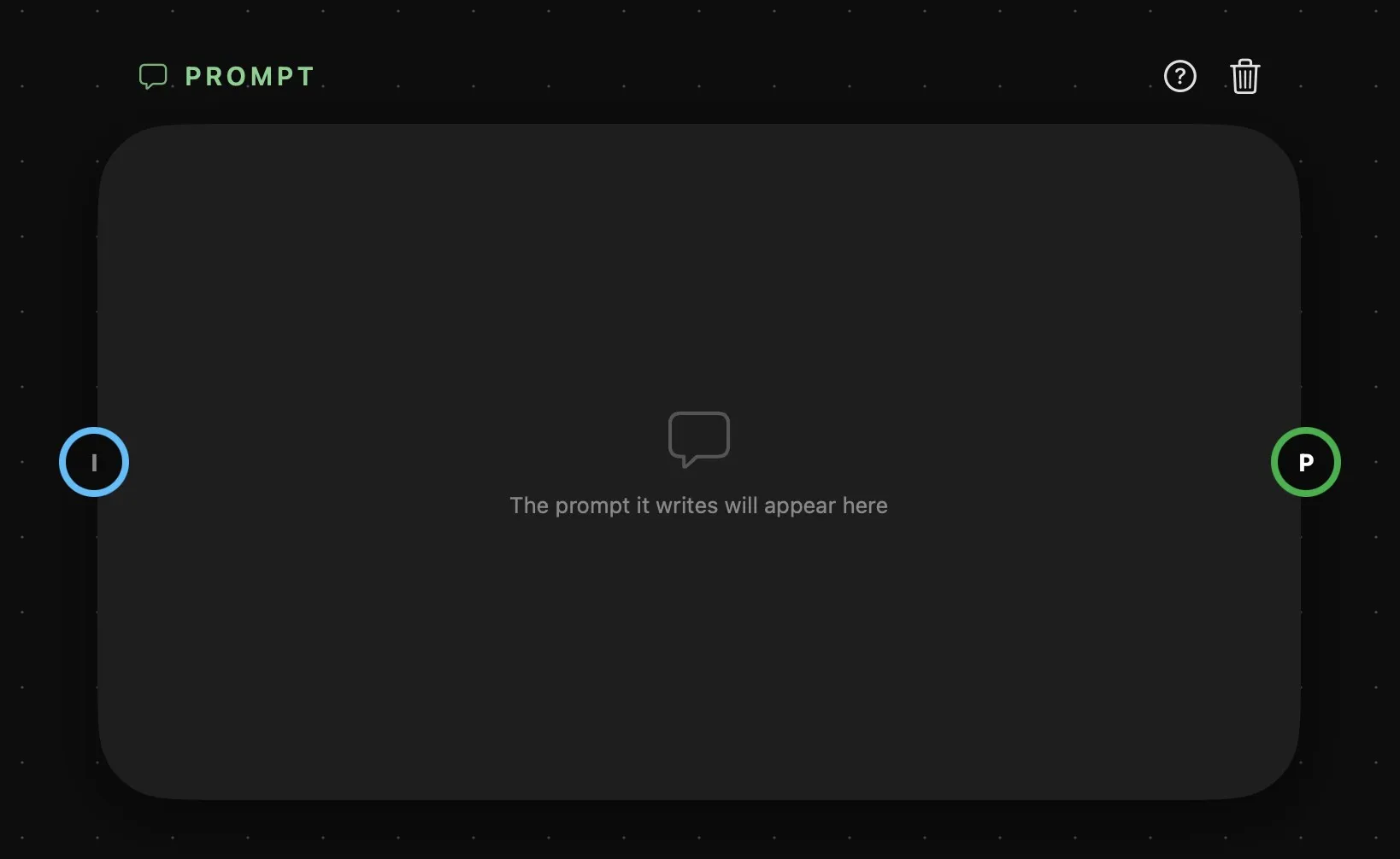 The Prompt card, empty: a plain card reading “The prompt it writes will appear here”, with an I ring on the left and a P ring on the right
