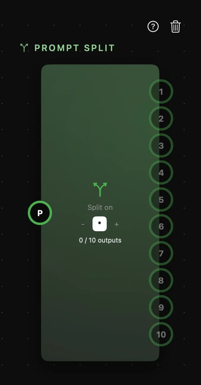 The Prompt Split card: a tall green card with the separator switch and “0 / 10 outputs”, one P ring on the left and ten numbered rings down the right