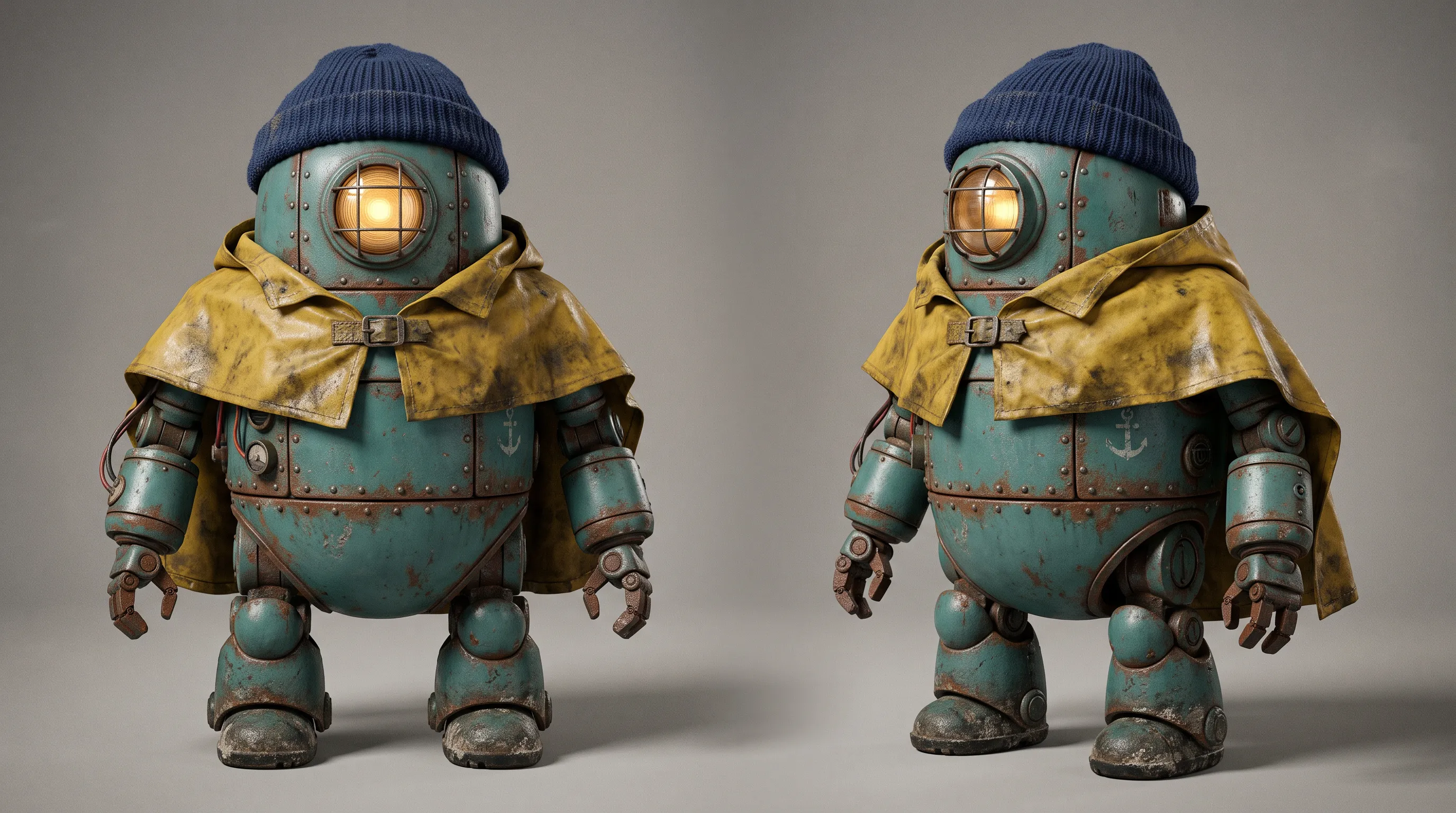 Character sheet of a small teal robot with an amber lamp-eye, a knitted navy cap and a yellow rain cape, front and three-quarter views.