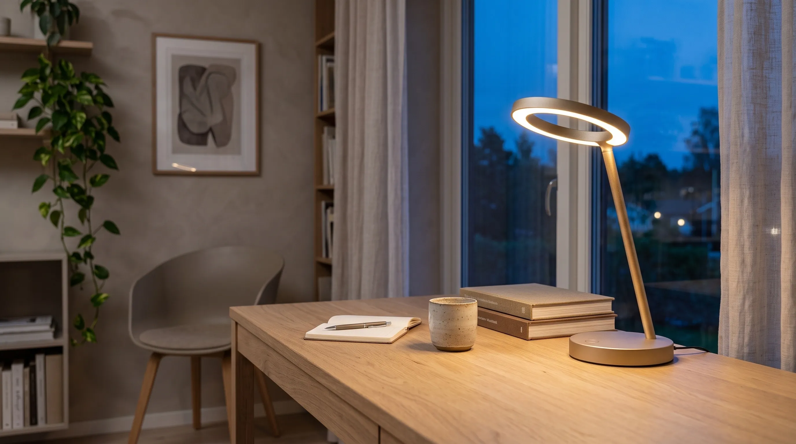 The Halo lamp glowing on a light oak desk in a home office at blue hour, books and a ceramic cup beside it, a window onto the evening.