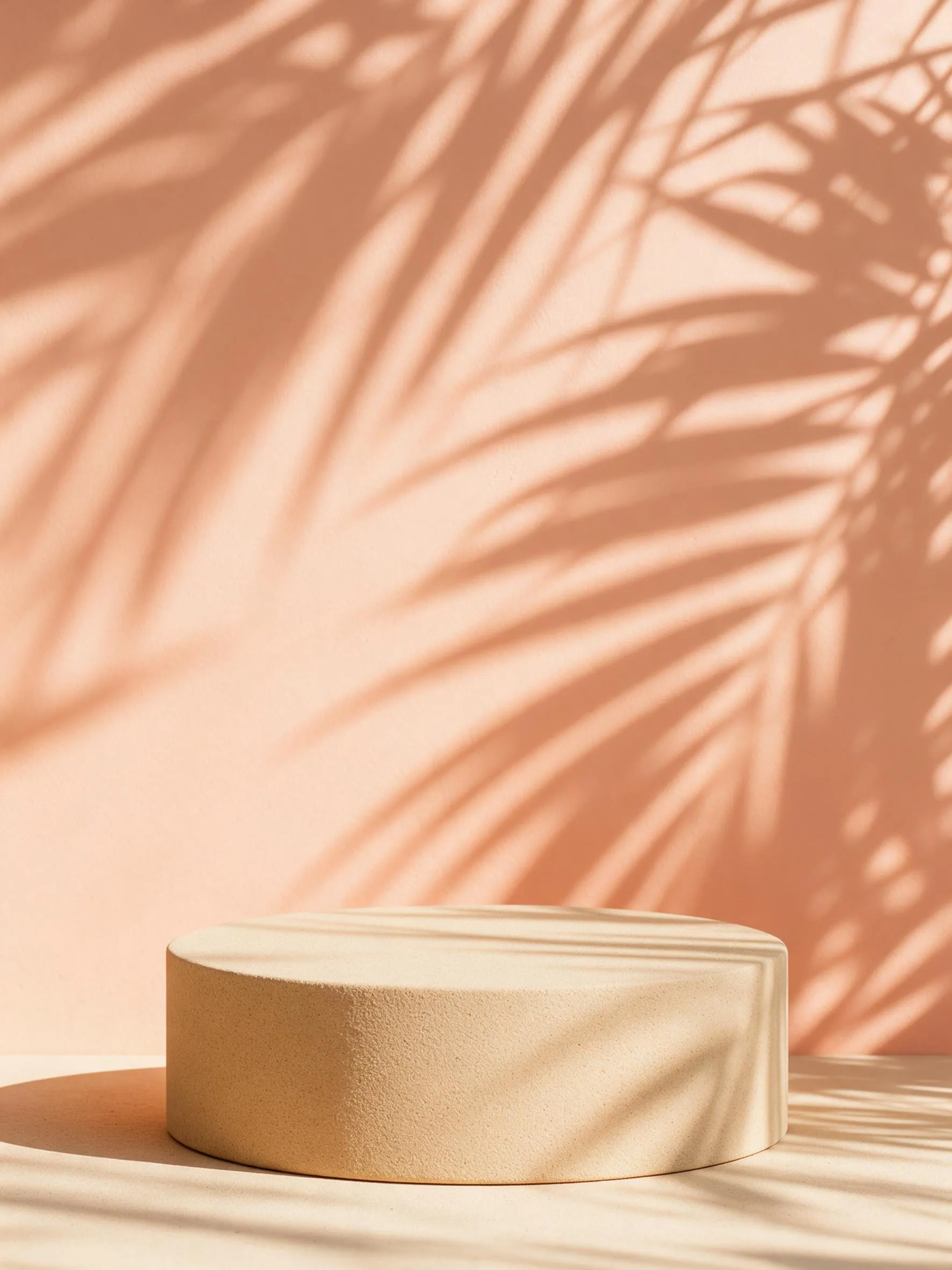 A peach wall with palm leaf shadows and an empty sand-coloured plinth in the lower third.