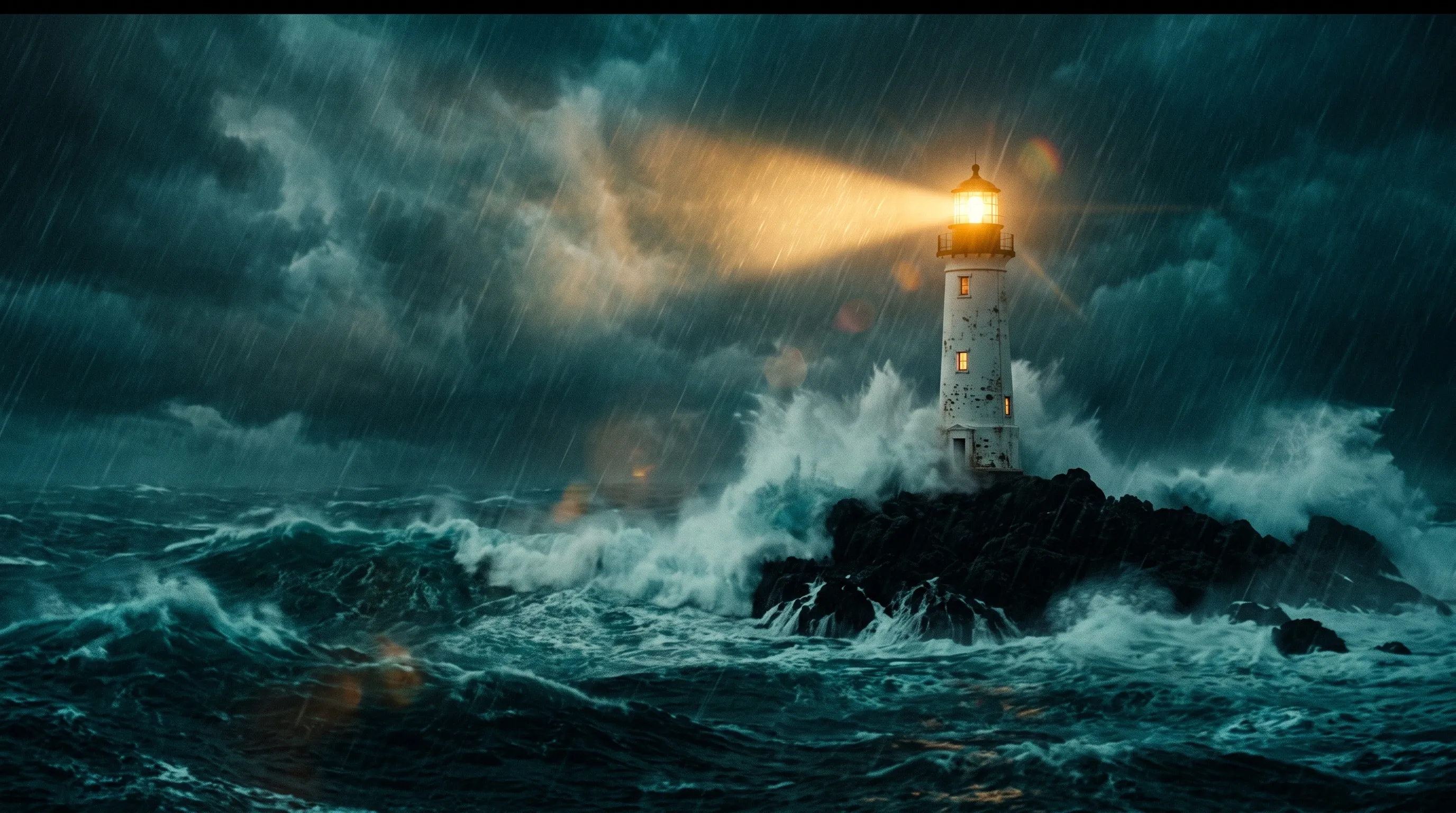 A lone lighthouse on a black rock in a raging night storm, its beam cutting through the rain.