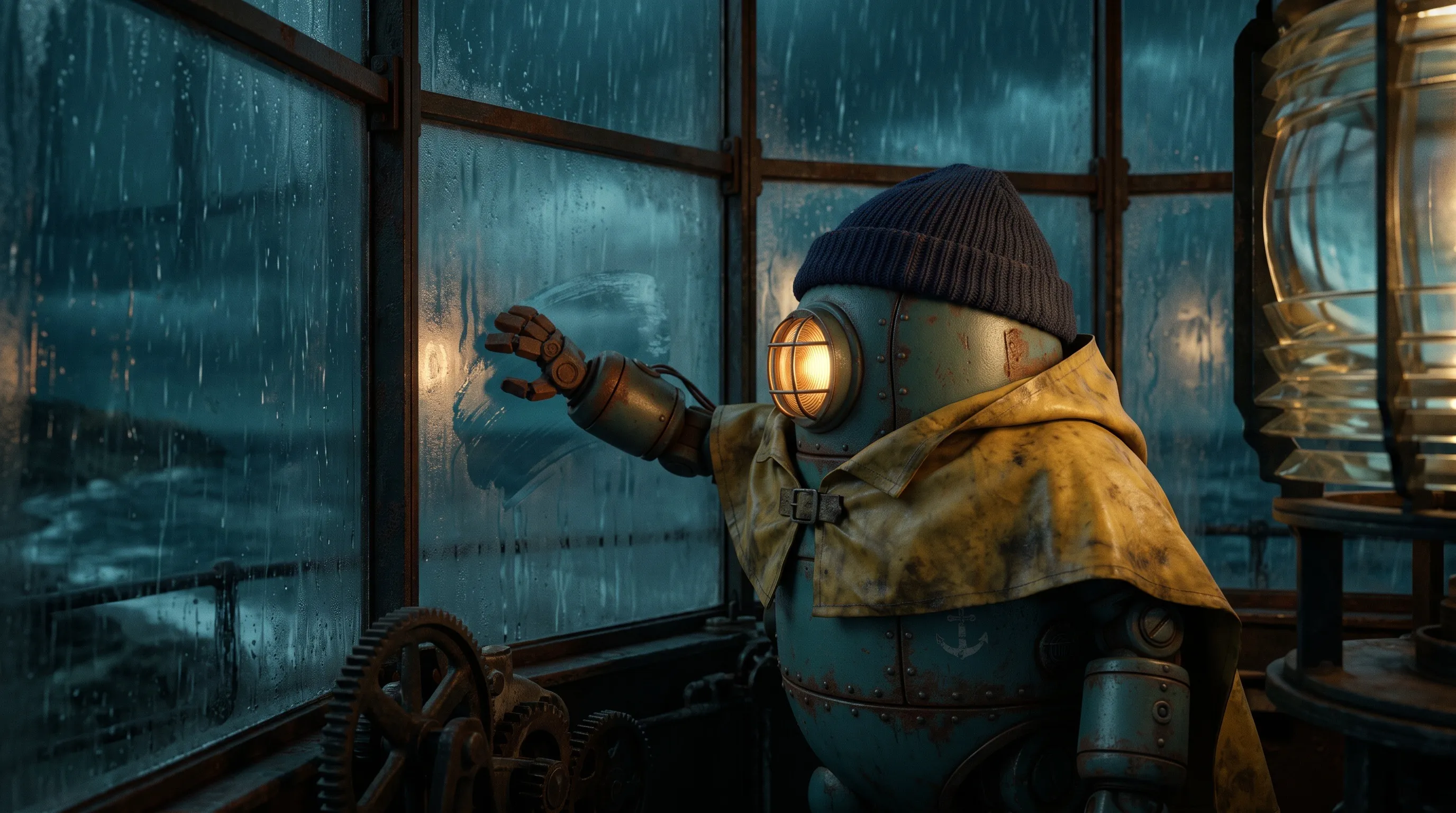 The little robot inside the lantern room wiping the fogged glass, its lamp-eye glowing.