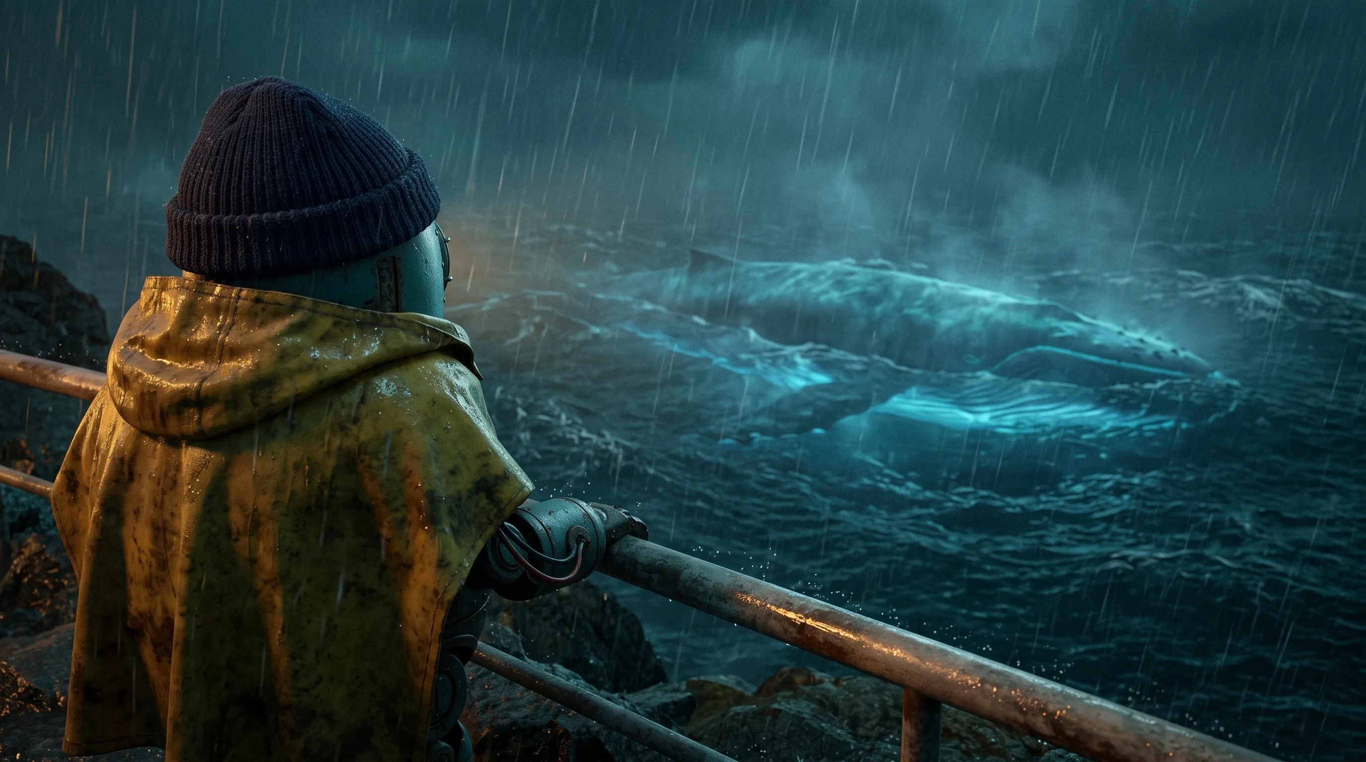 Over the robot's shoulder, a huge whale glowing blue beneath the dark stormy sea.
