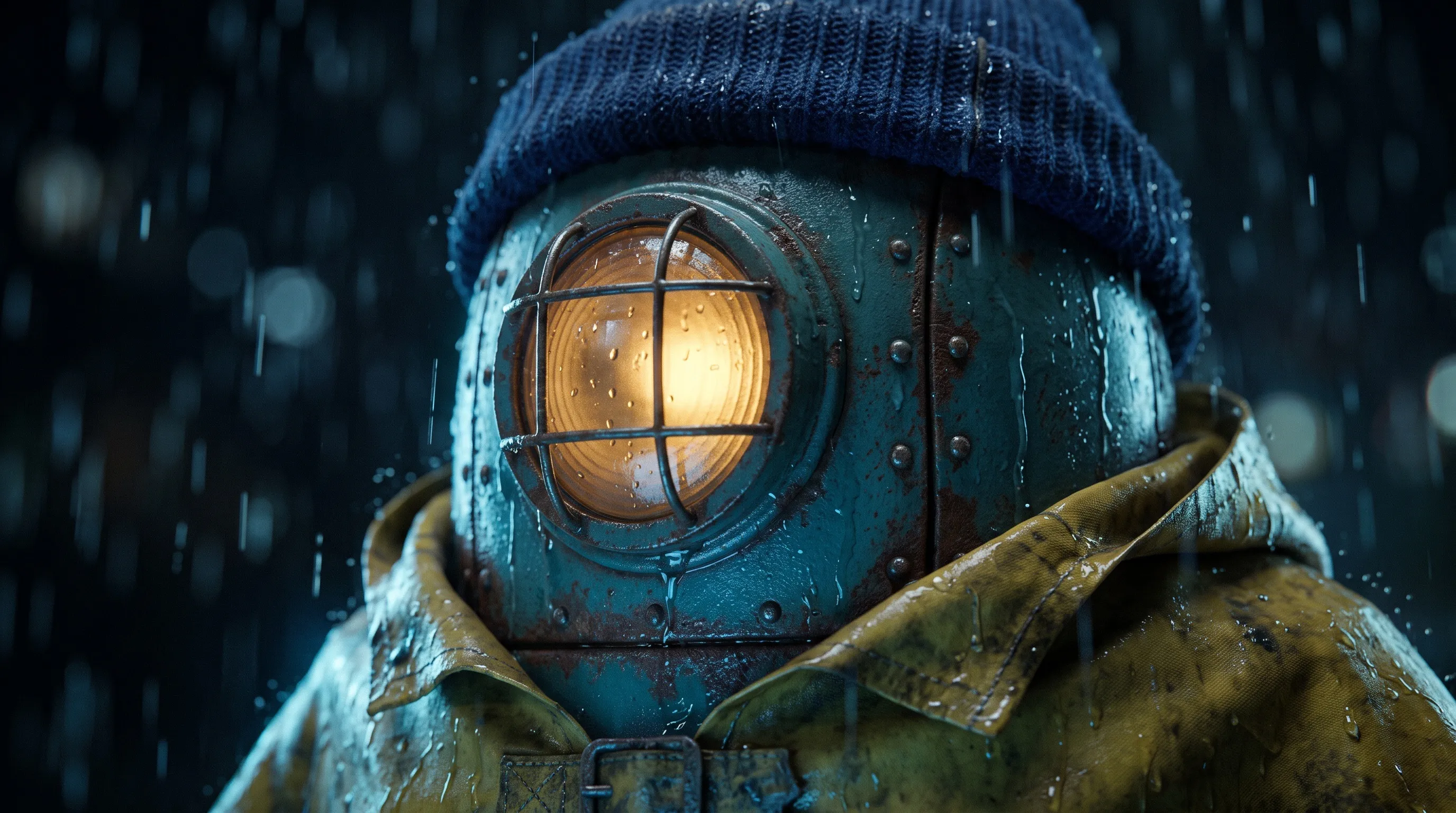 A close-up of the robot, lit from below by cold blue light, raindrops on its rusty metal.