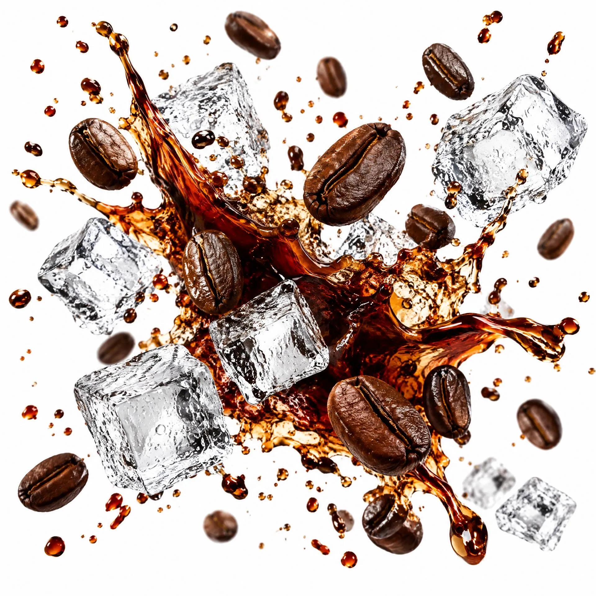 Roasted coffee beans, ice cubes and a splash of coffee bursting outward on a white background.