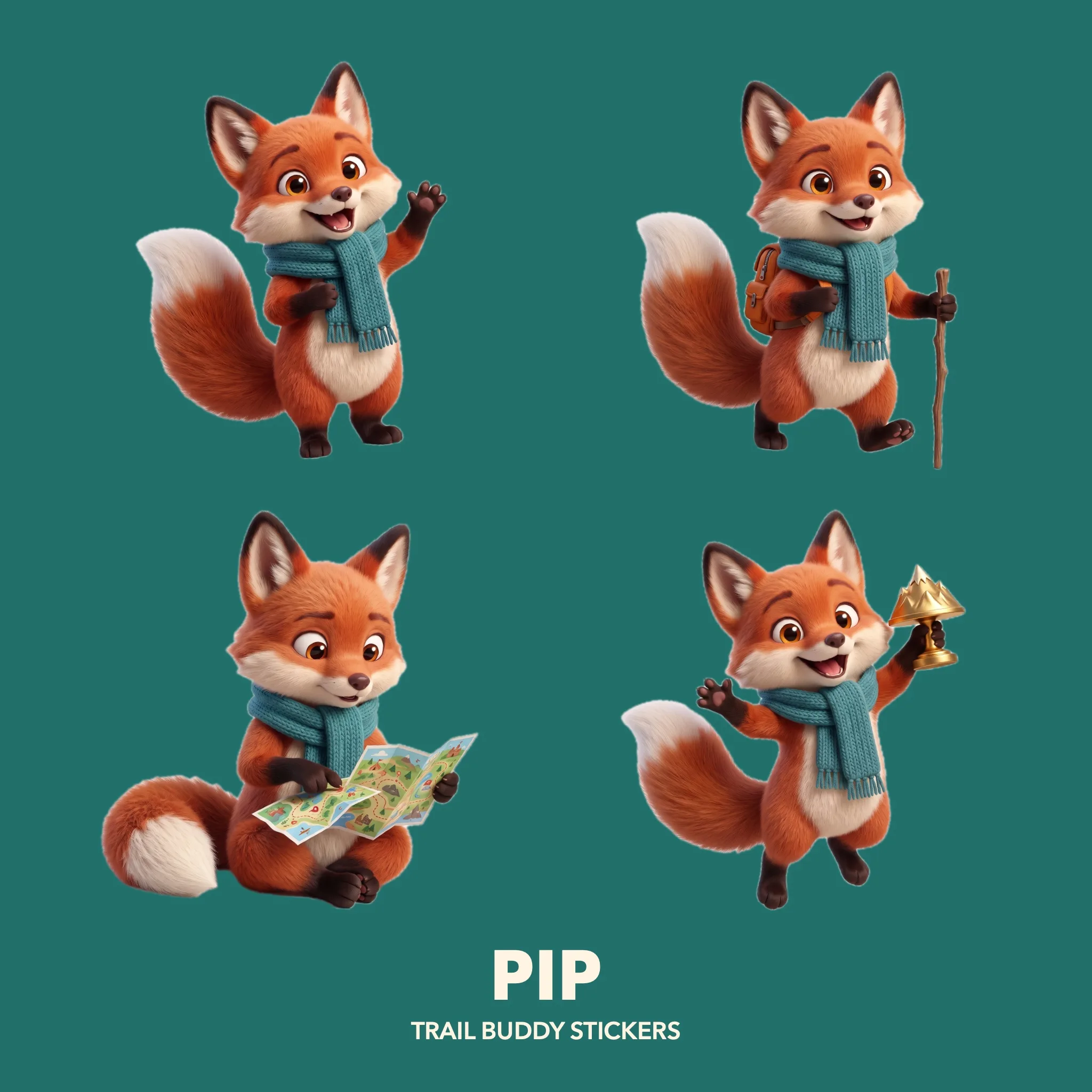 A teal sticker sheet with four poses of Pip, a red fox in a teal scarf: waving, hiking, reading a map, holding a trophy.
