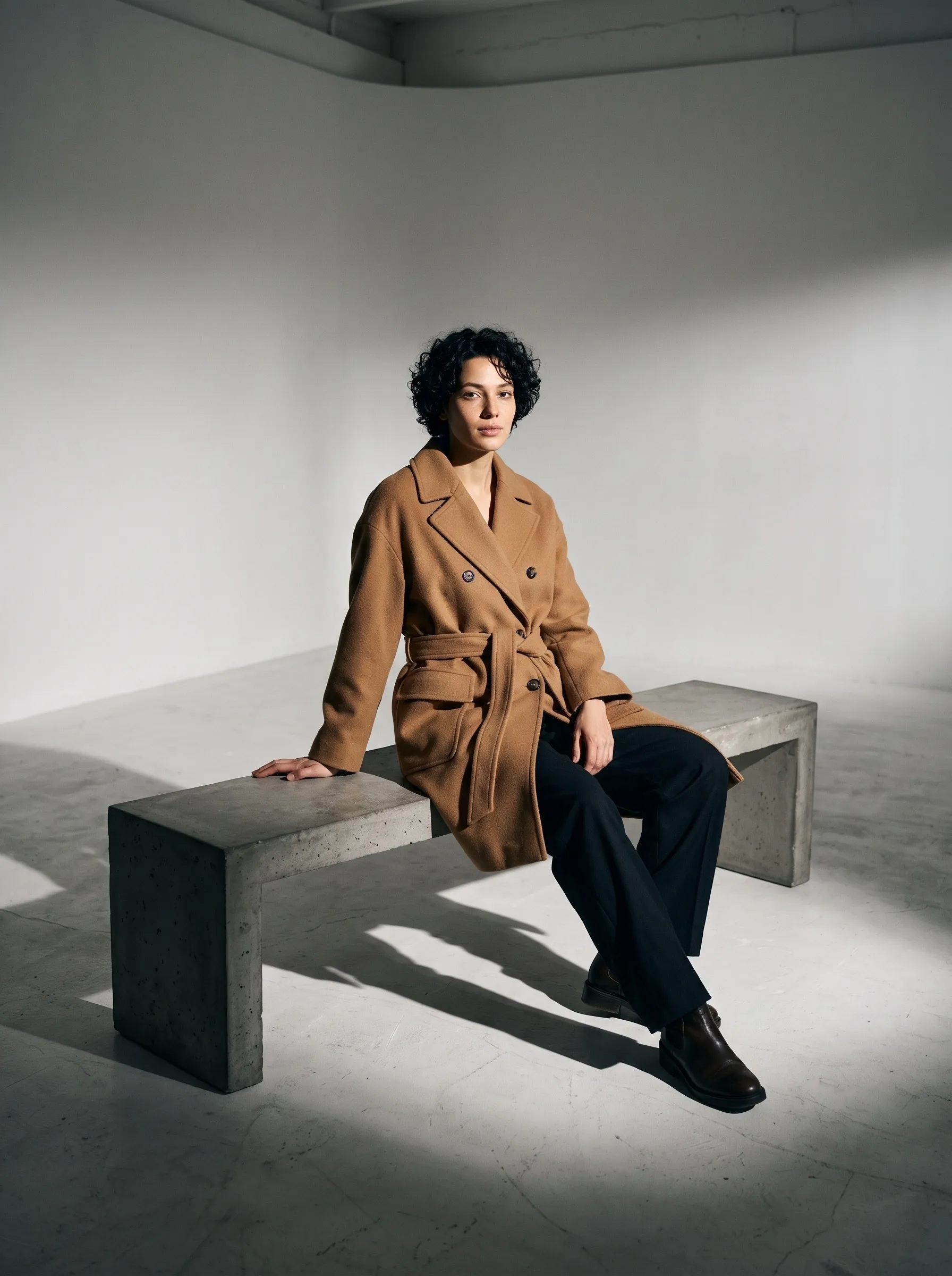 The model in the camel coat seated on a concrete bench in a white studio under a hard light.