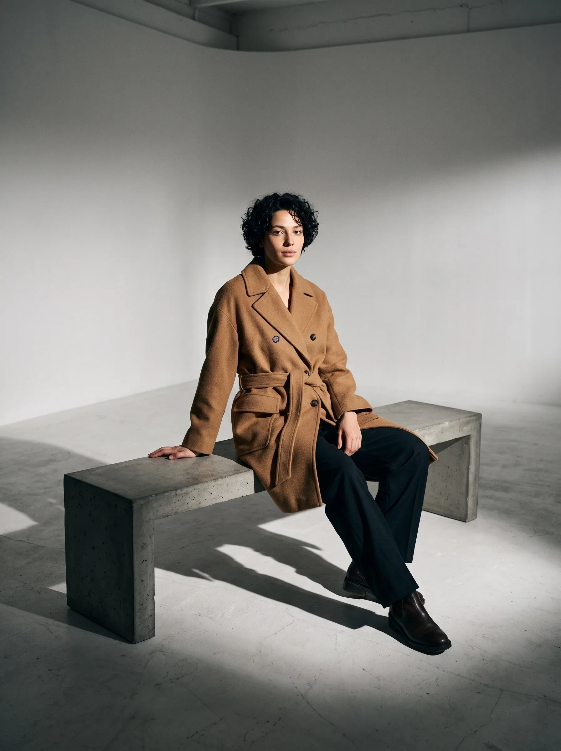 The model in the camel coat seated on a concrete bench in a grey studio under a single hard light.