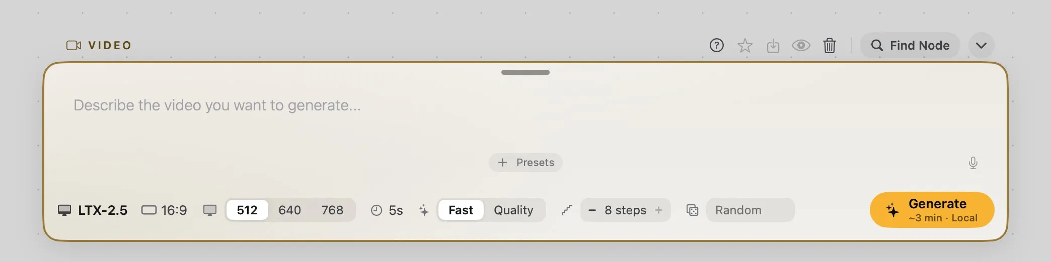 The Prompt bar open on a Video card, with LTX-2.5 at 512, five seconds, Fast mode, 8 steps, a random seed and Generate estimating about three minutes on this Mac