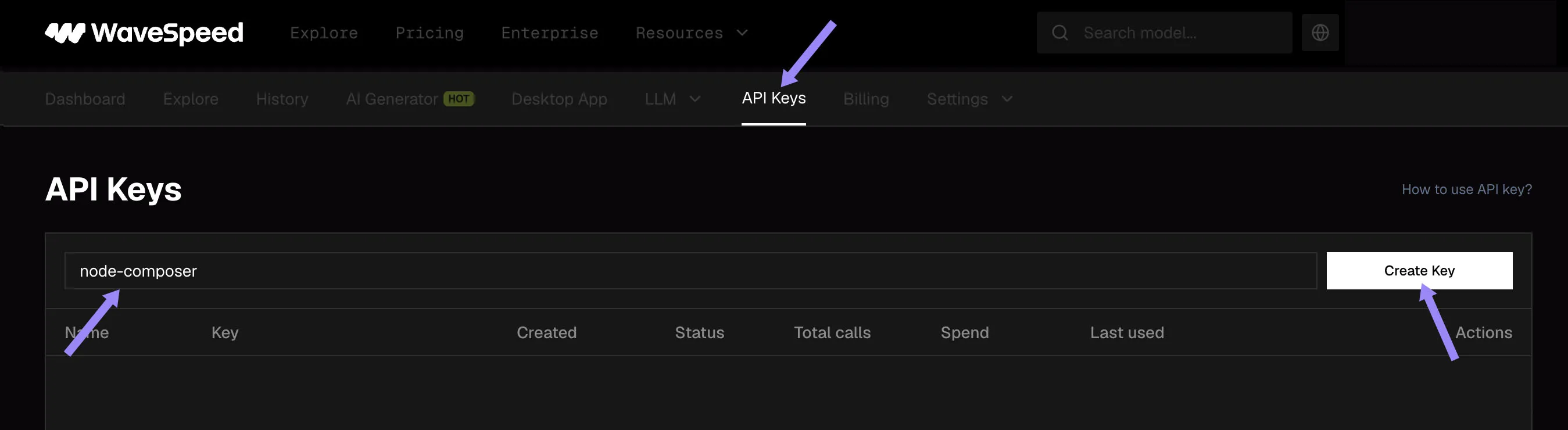 WaveSpeed dashboard, API Keys section with Create Key button highlighted