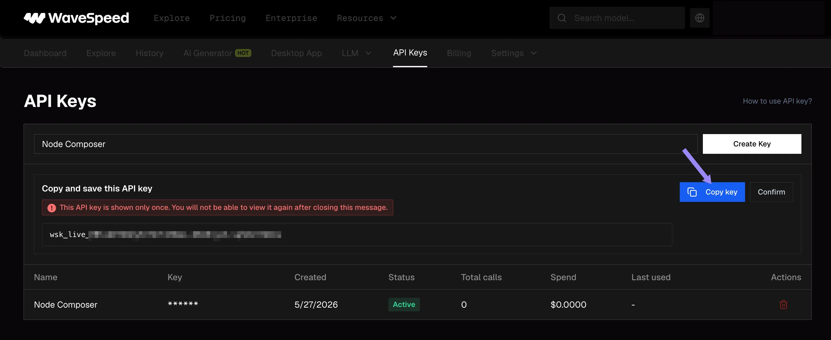 WaveSpeed API Keys list with the blue Copy key button highlighted