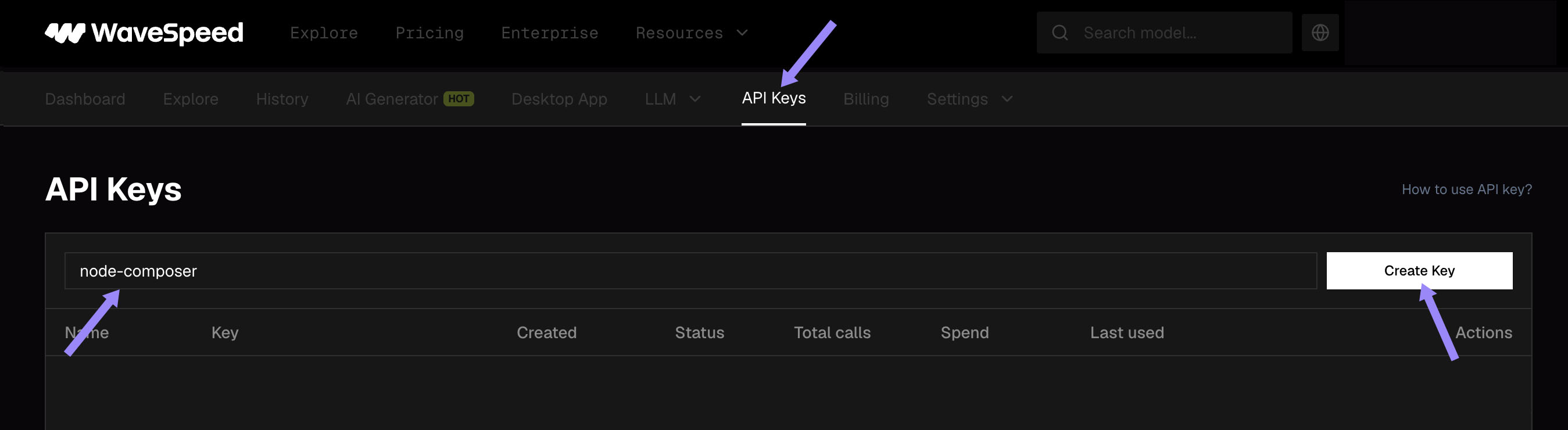 WaveSpeed dashboard, API Keys section with Create Key button highlighted