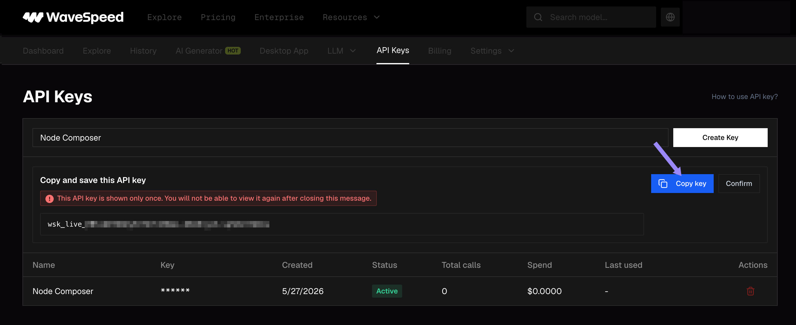 WaveSpeed API Keys list with the blue Copy key button highlighted