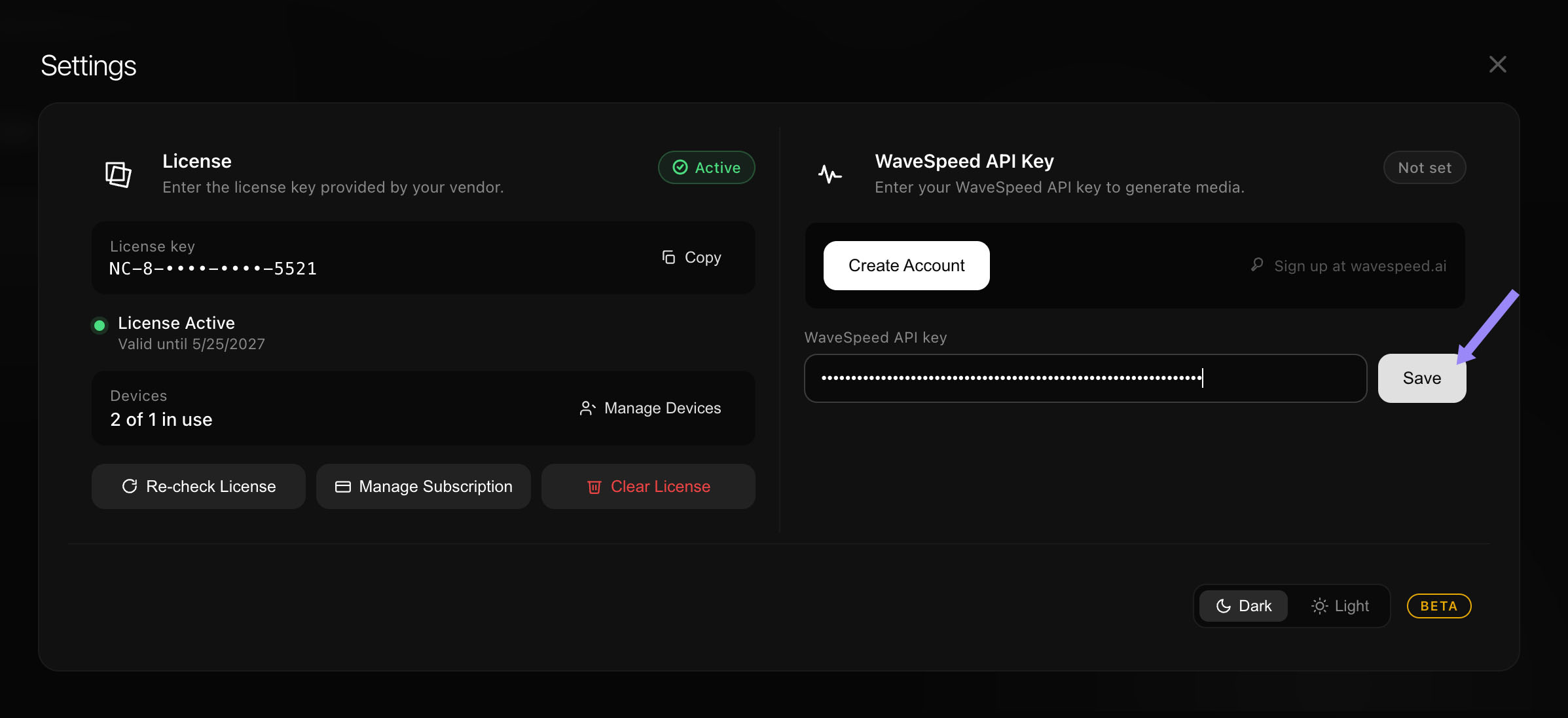 Node Composer Settings panel, pasting the WaveSpeed API key