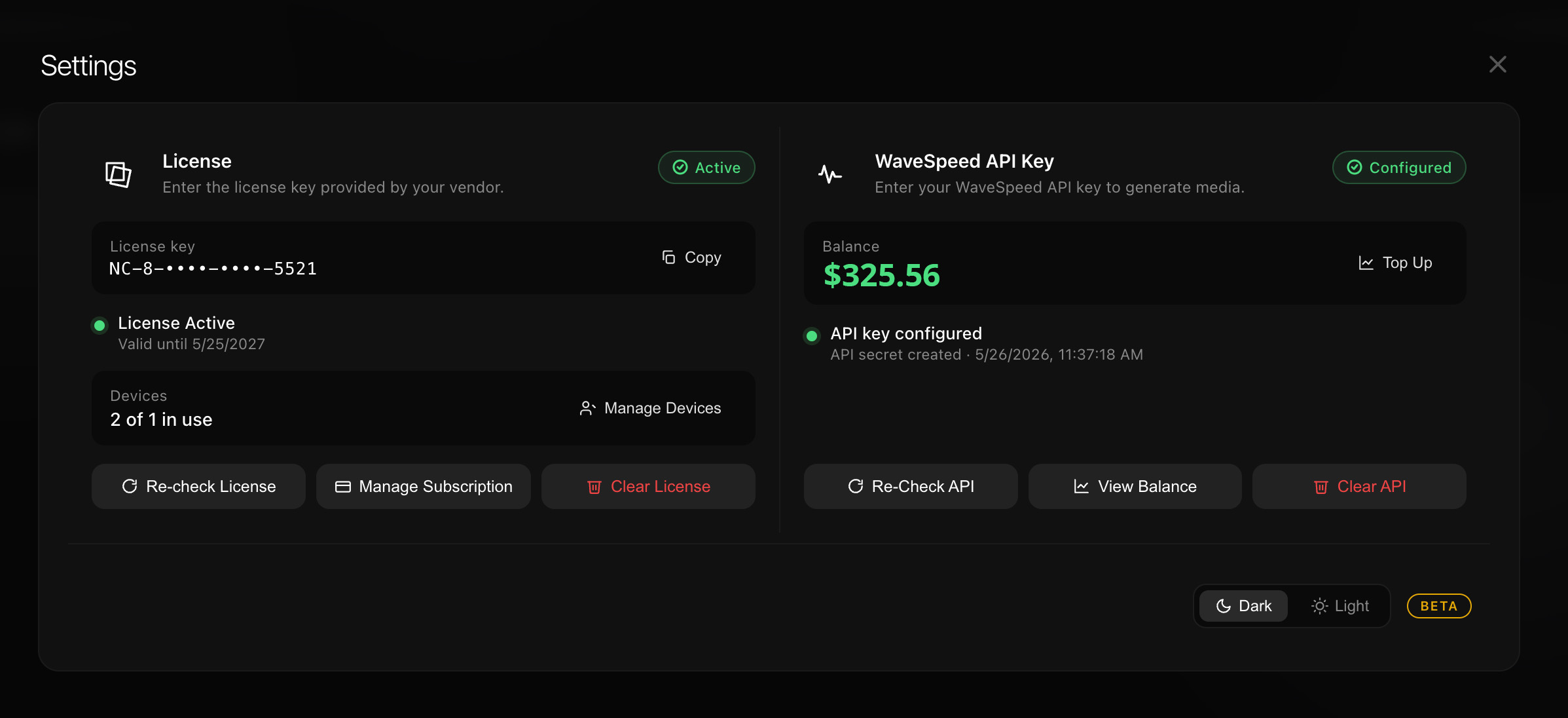 Node Composer Settings, WaveSpeed API key configured, balance visible